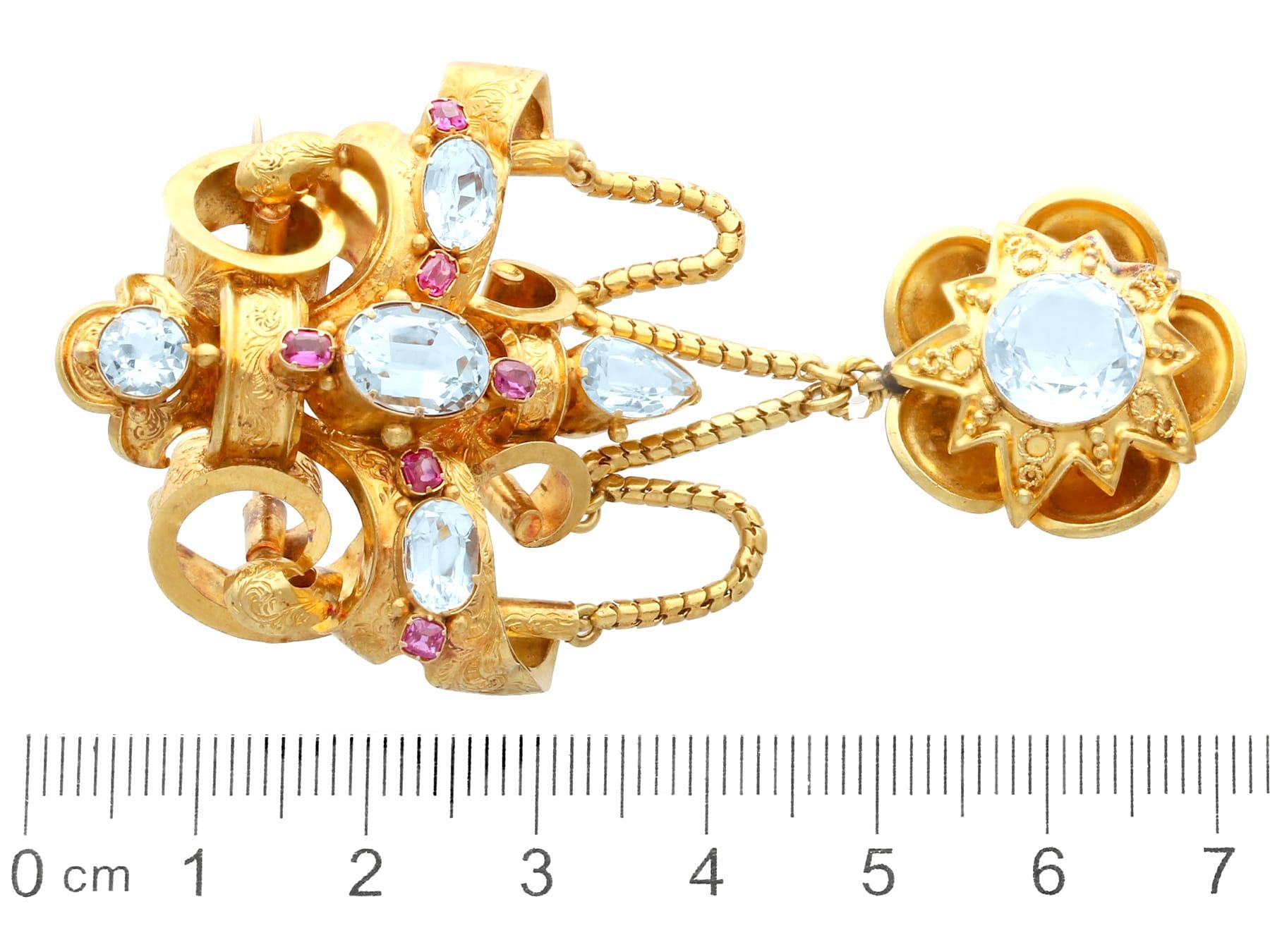 Antique 8.65Ct Aquamarine and 0.20Ct Ruby 21k Yellow Gold Brooch Circa 1840 For Sale 2