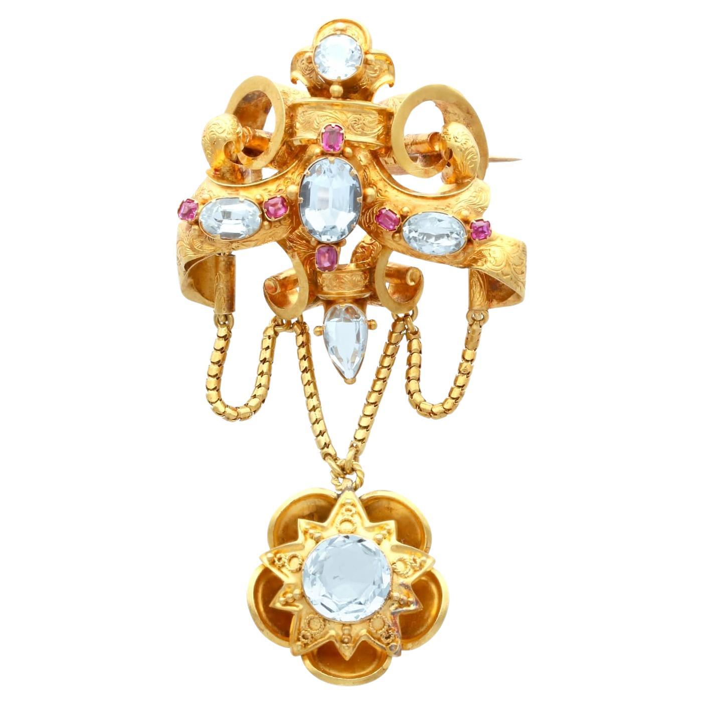 Antique 8.65Ct Aquamarine and 0.20Ct Ruby 21k Yellow Gold Brooch Circa 1840 For Sale