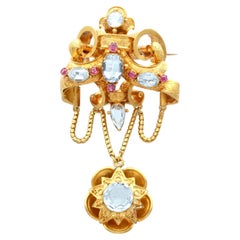 Broche ancienne en or jaune 21 carats, aigue-marine de 8,65 carats et rubis de 0,20 carat, c. 1840