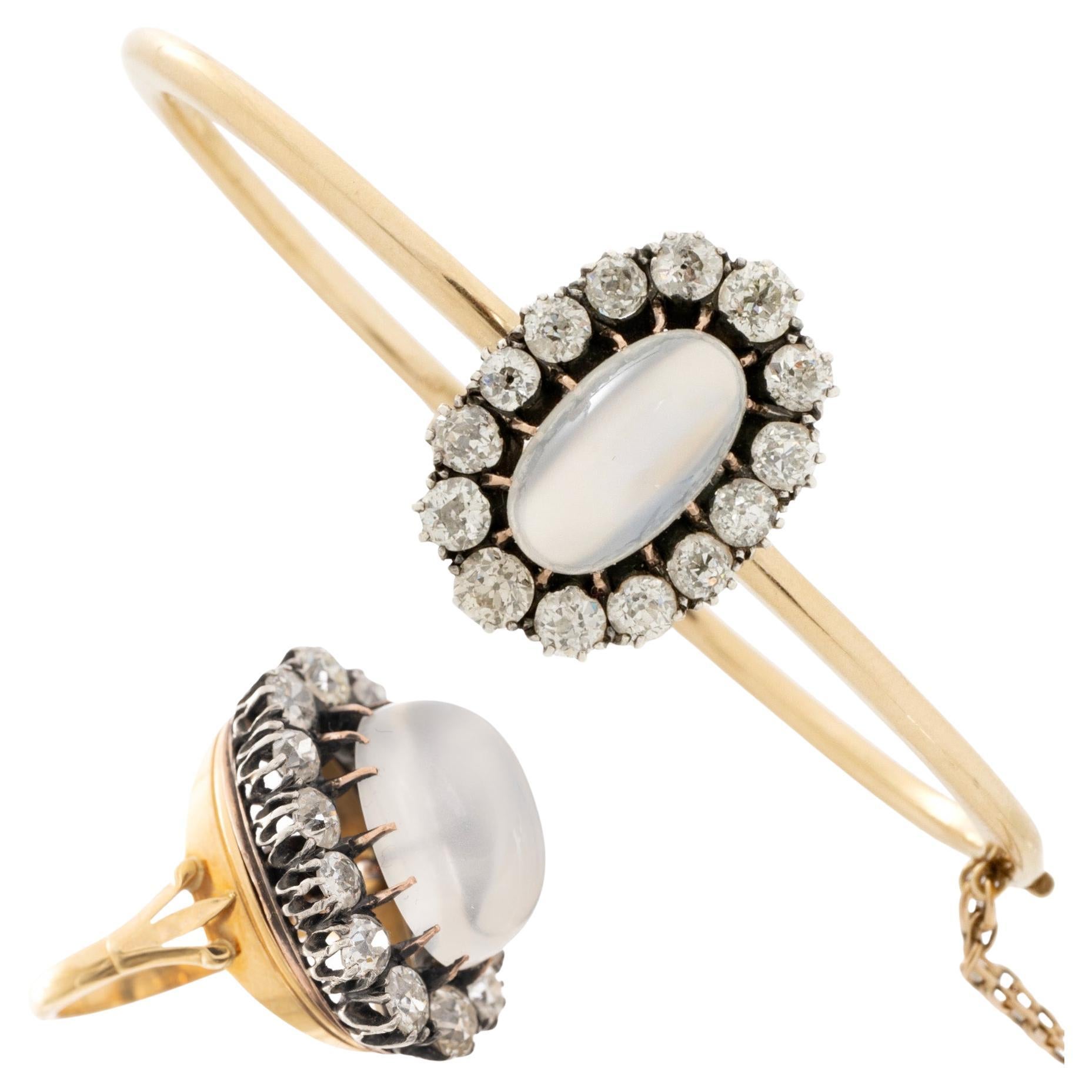 Antique 8.83ct Moonstone 3.50cttw Old European Cut Diamond Ring/Bracelet Combo For Sale