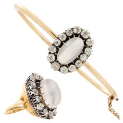 Antique 8.83ct Moonstone 3.50cttw Old European Cut Diamond Ring/Bracelet Combo