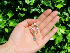 Antique 8.84 Carat Pink Topaz Aquamarine Ruby and Enamel Yellow Gold Pendant