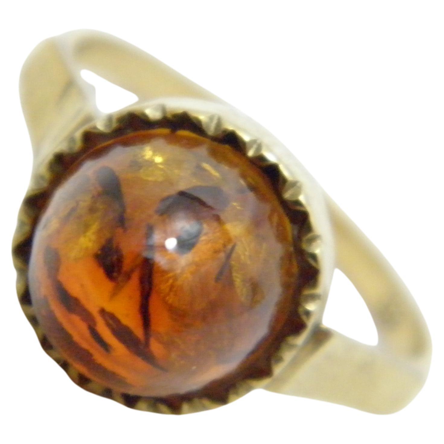 Antique 8ct Gold Baltic Amber Poison Ring Art Deco c1920 333 Purity For Sale