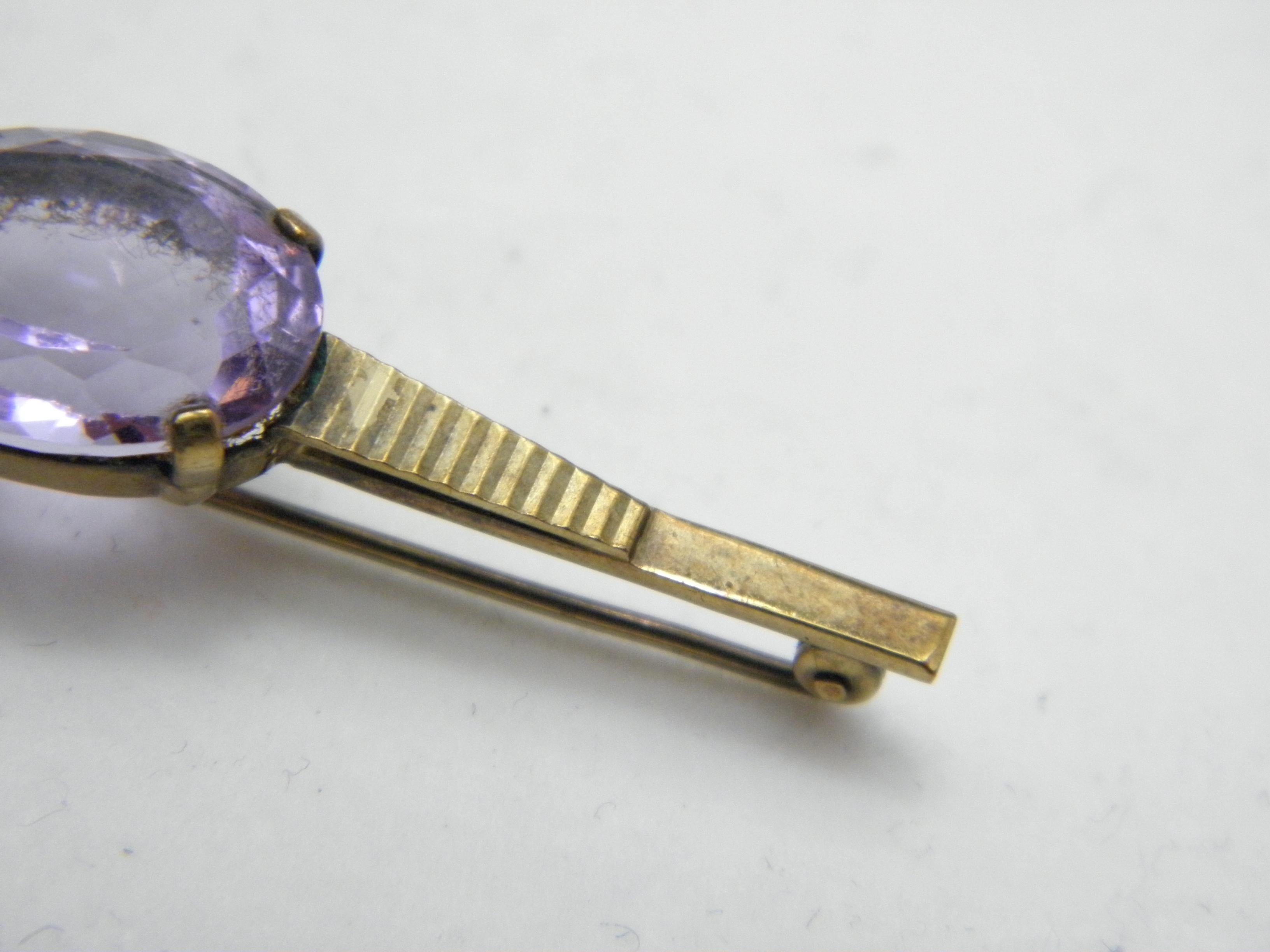 Round Cut Antique 8ct Gold Large Amethyst Art Deco Bar Brooch Pin c1920s Heavy 333 Purity For Sale