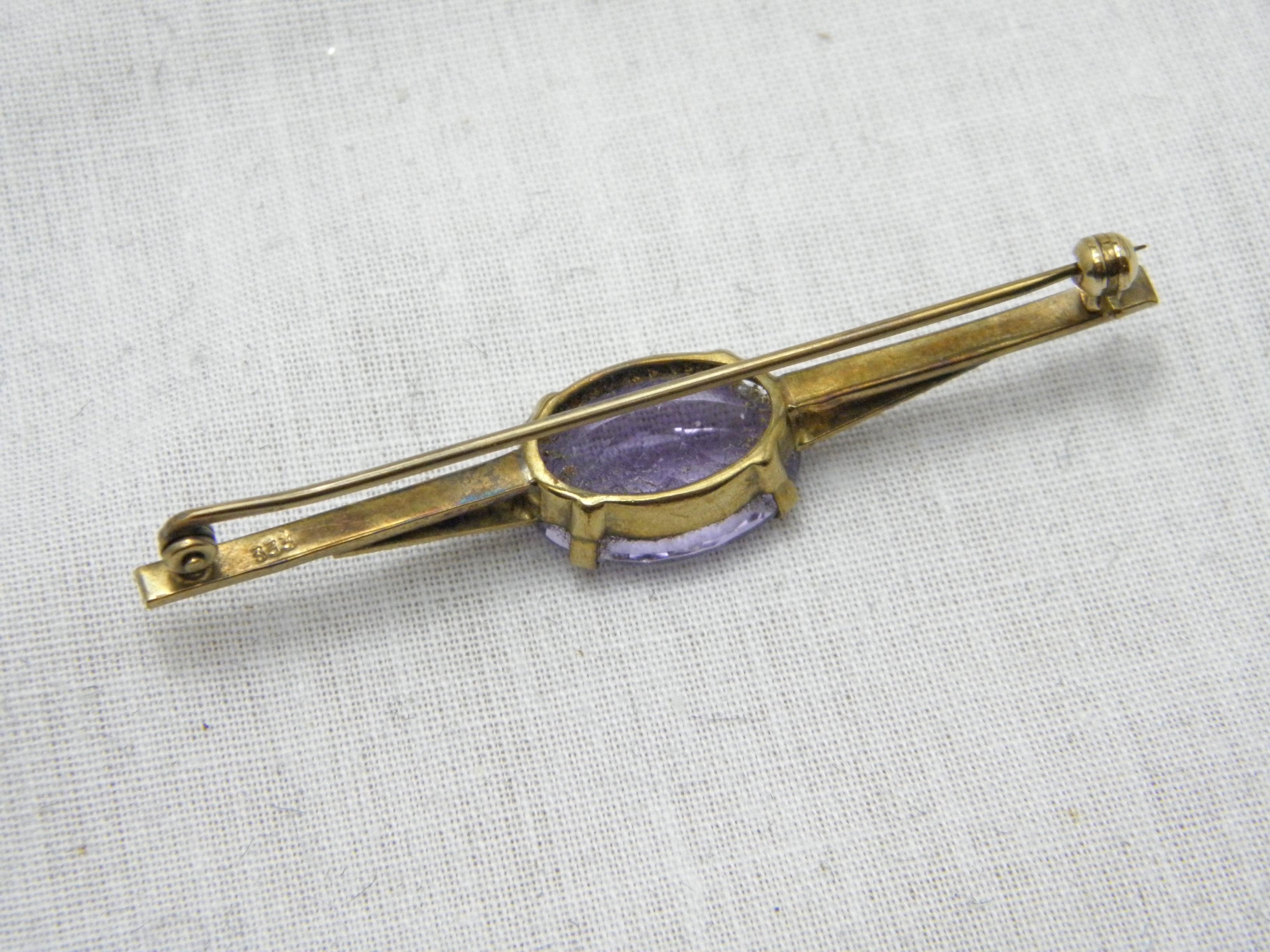 Antique 8ct Gold Large Amethyst Art Deco Bar Brooch Pin c1920s Heavy 333 Purity For Sale 1