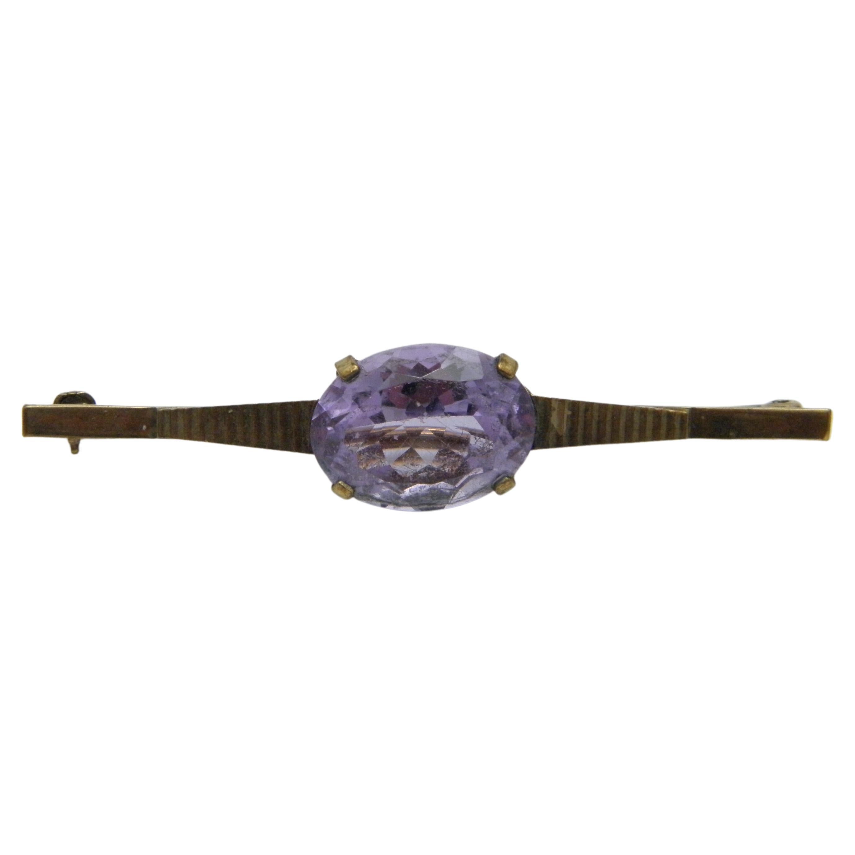 Antique 8ct Gold Large Amethyst Art Deco Bar Brooch Pin c1920s Heavy 333 Purity For Sale