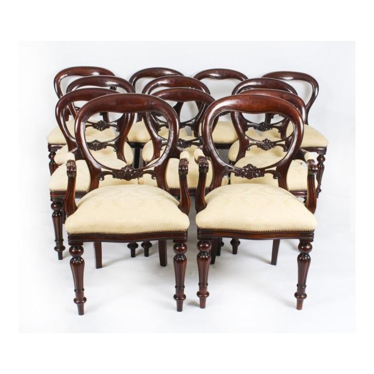 Antique 8ft Flame Mahogany Dining Table C1870 & 10 Balloon Back Chairs For Sale 7
