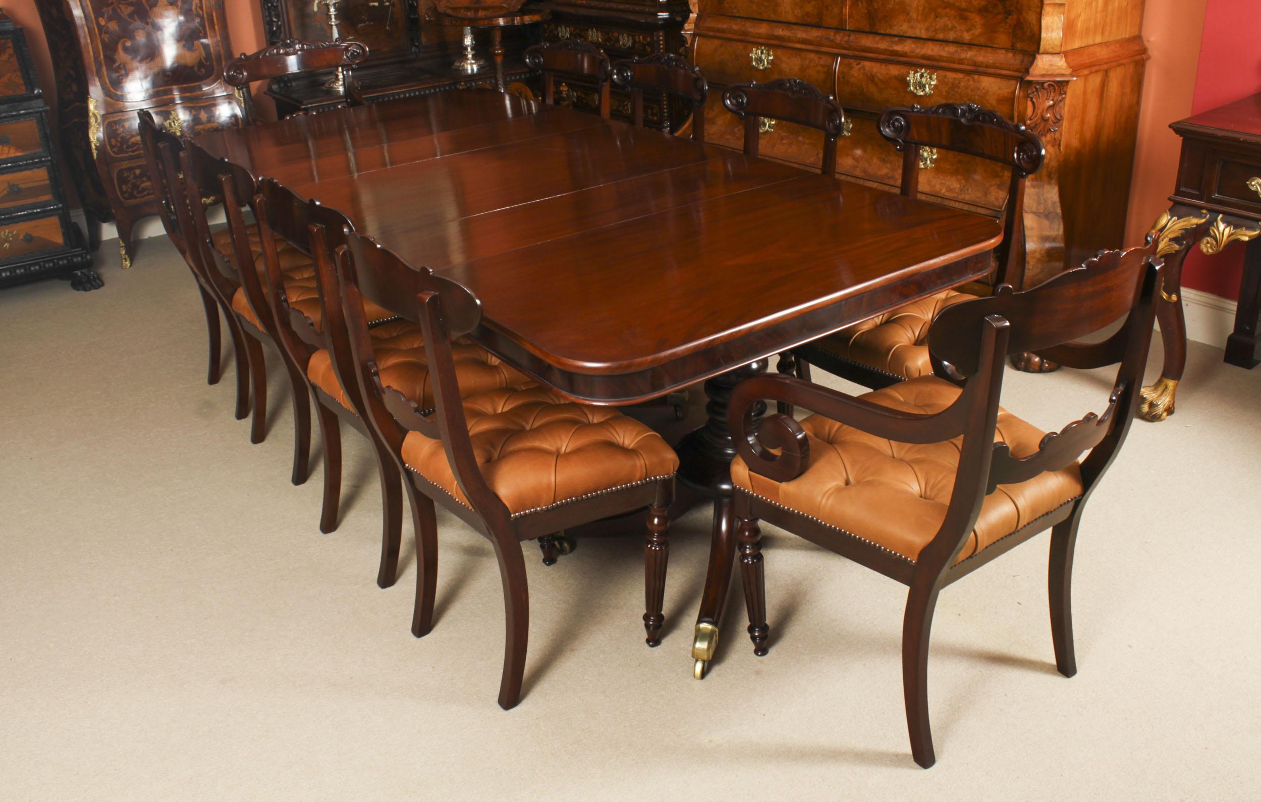 This is a fabulous high quality antique flame mahogany Regency Period metamorphic triple pillar  dining table that can seat 10 people in comfort, dating from Circa 1820.
 
It is raised on three bases, each with four sabre legs that terminate in