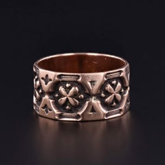 Antique 8K Gold Cigar Band Ring, Quatrefoil Motif, Circa 1890-1910