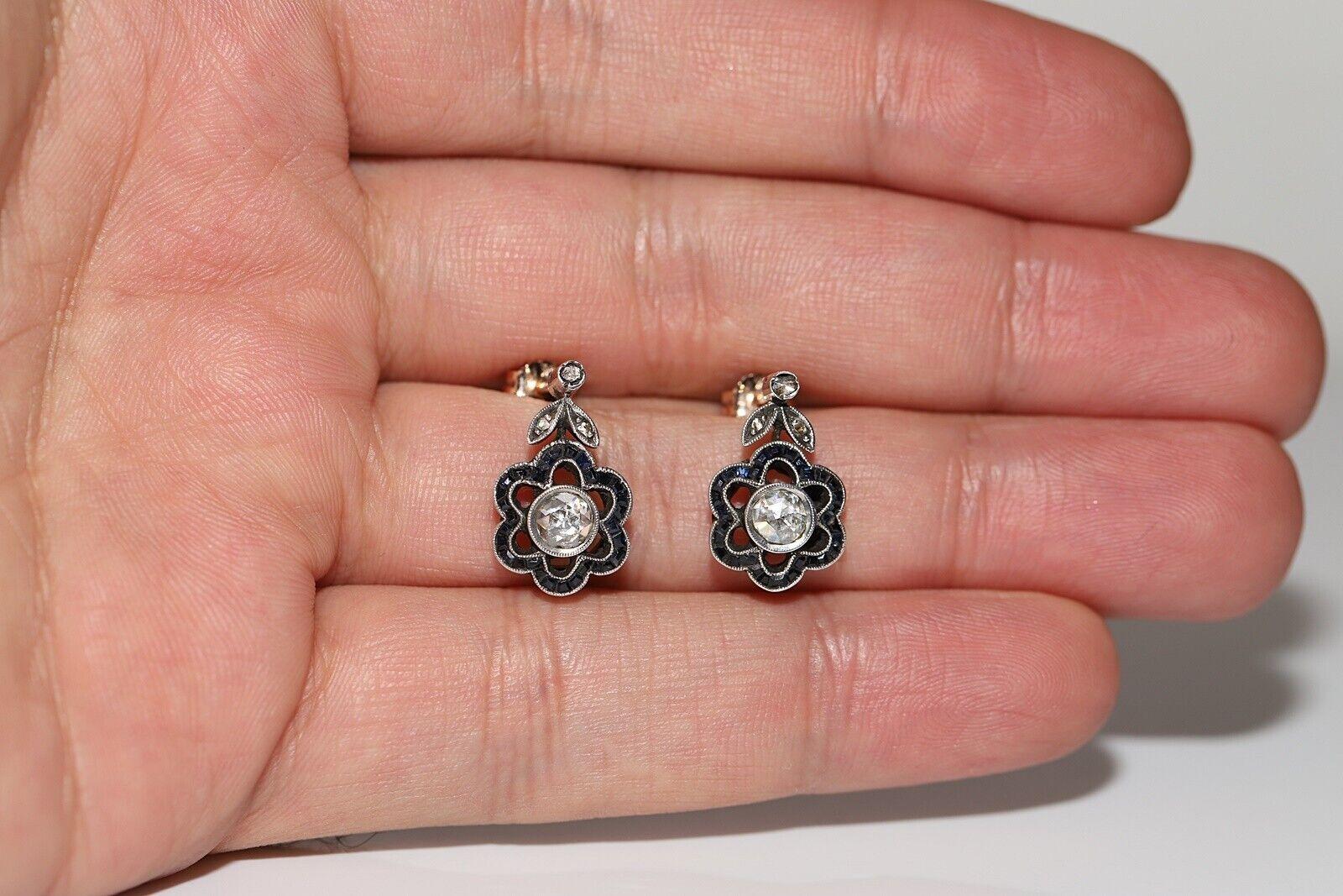 Antique  Boucles d'oreilles en or 8k, argent, diamants naturels taille rose et saphirs en vente 4