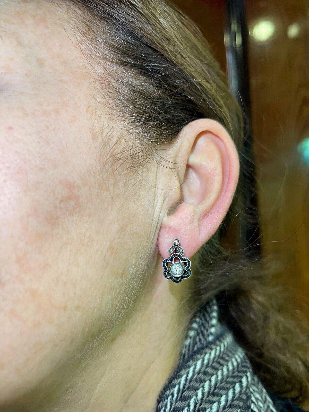 Antique  Boucles d'oreilles en or 8k, argent, diamants naturels taille rose et saphirs en vente 6