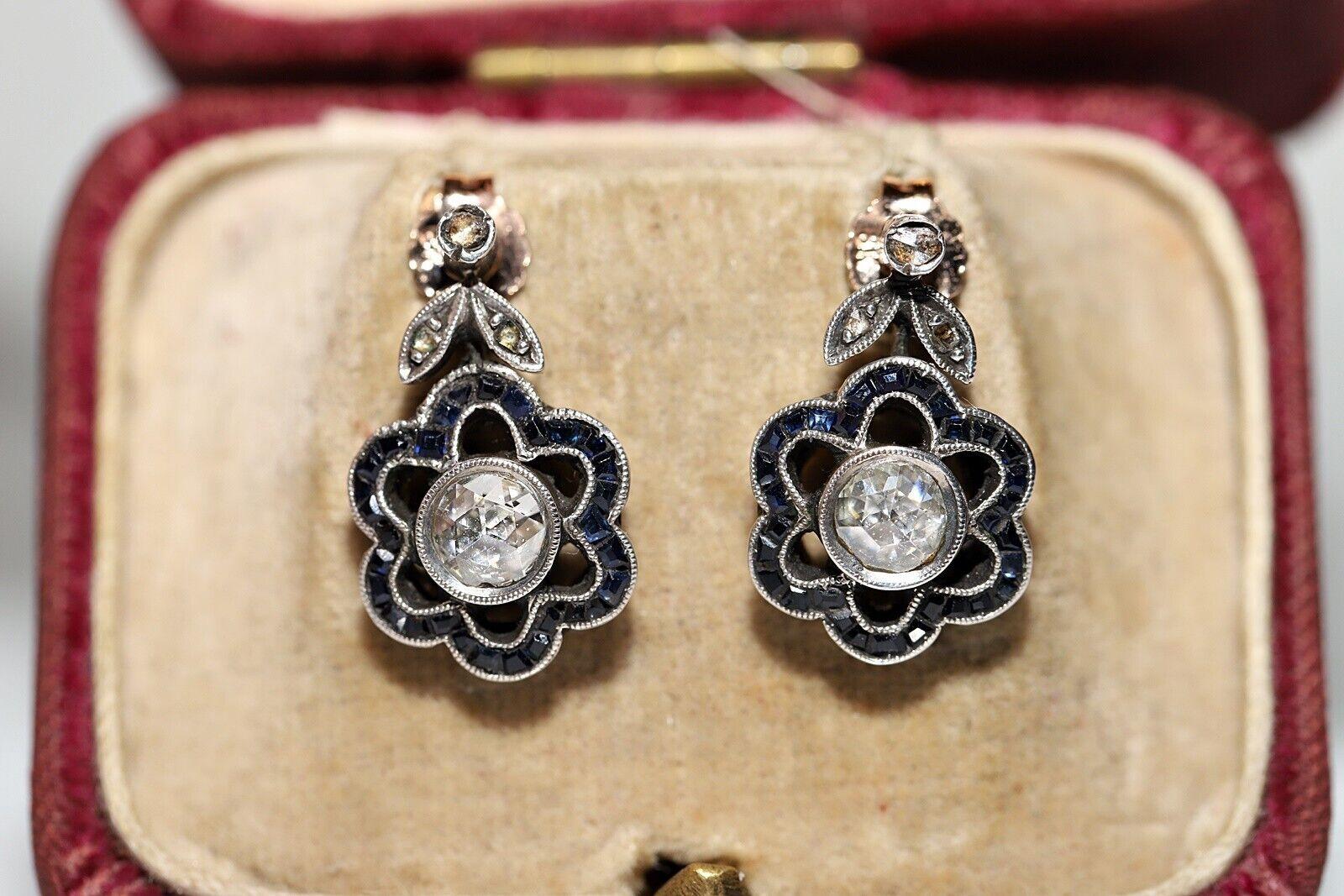 Antique  Boucles d'oreilles en or 8k, argent, diamants naturels taille rose et saphirs en vente 7
