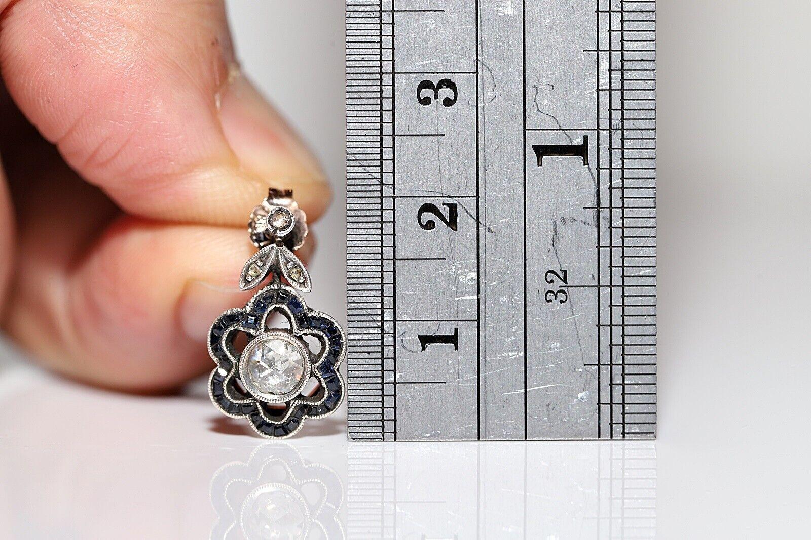 Victorien tardif Antique  Boucles d'oreilles en or 8k, argent, diamants naturels taille rose et saphirs en vente