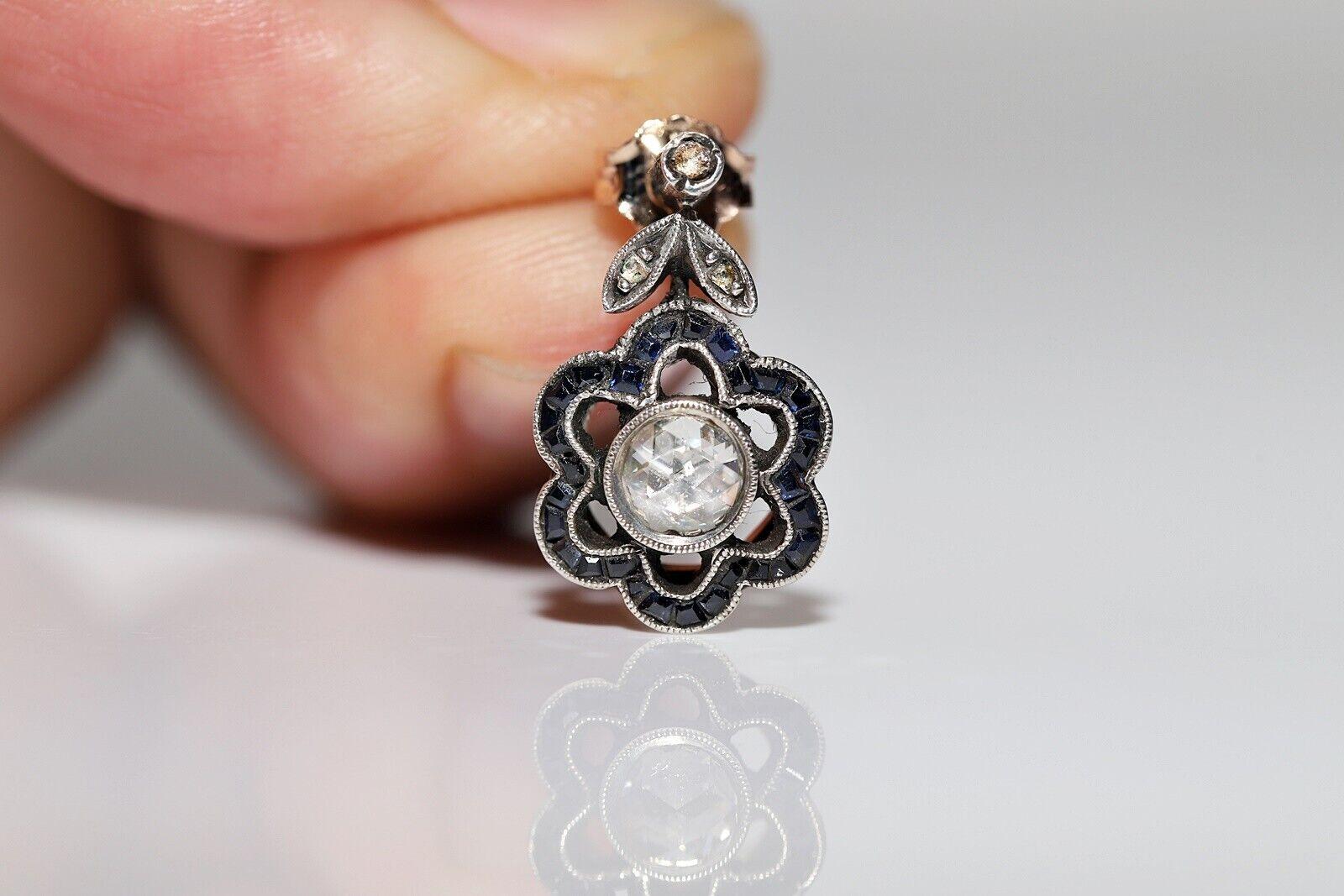 Antique  Boucles d'oreilles en or 8k, argent, diamants naturels taille rose et saphirs Bon état - En vente à Fatih/İstanbul, 34