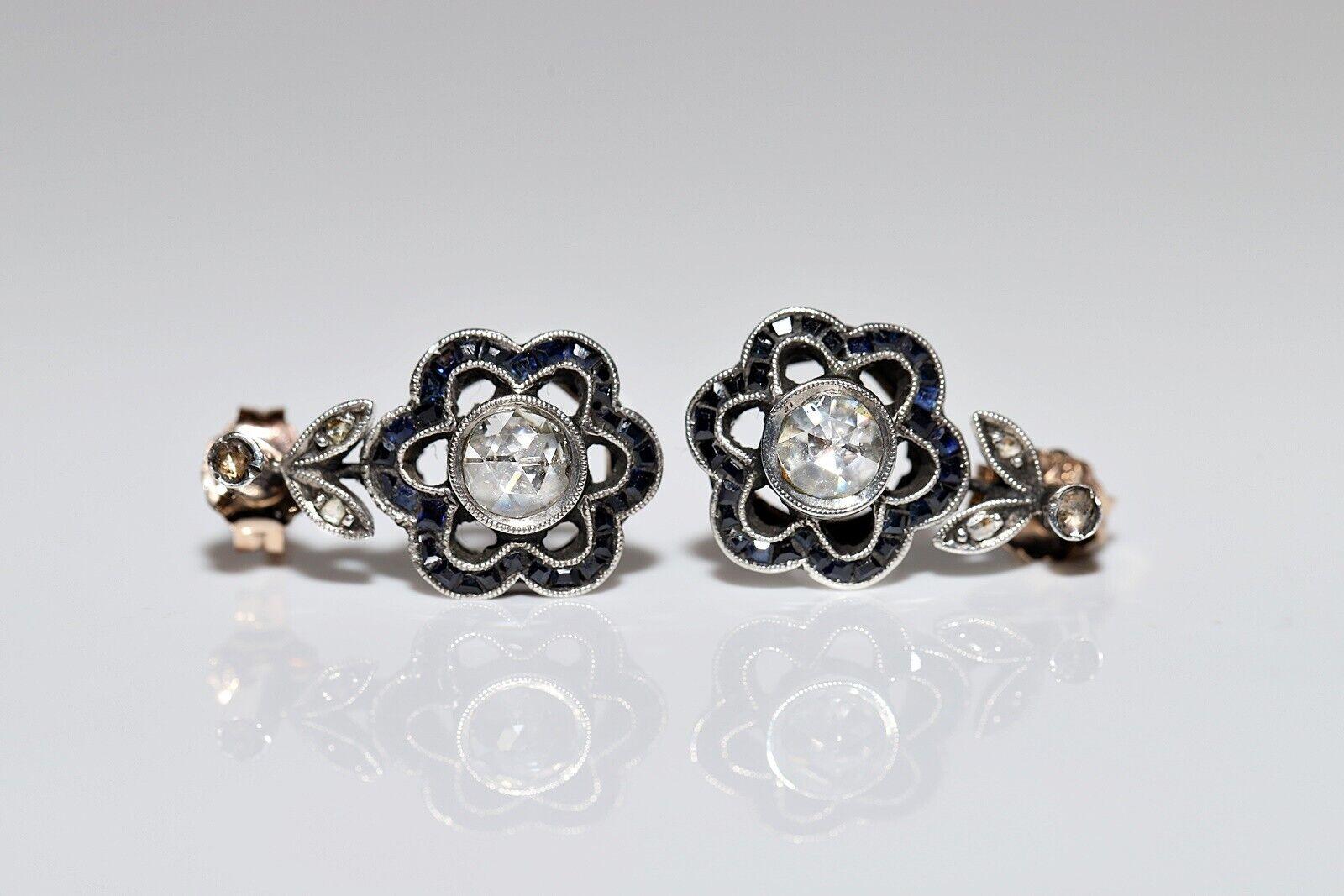 Antique  Boucles d'oreilles en or 8k, argent, diamants naturels taille rose et saphirs Pour femmes en vente