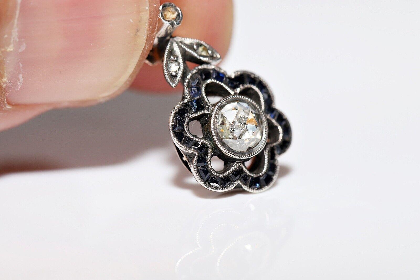 Antique  Boucles d'oreilles en or 8k, argent, diamants naturels taille rose et saphirs en vente 1
