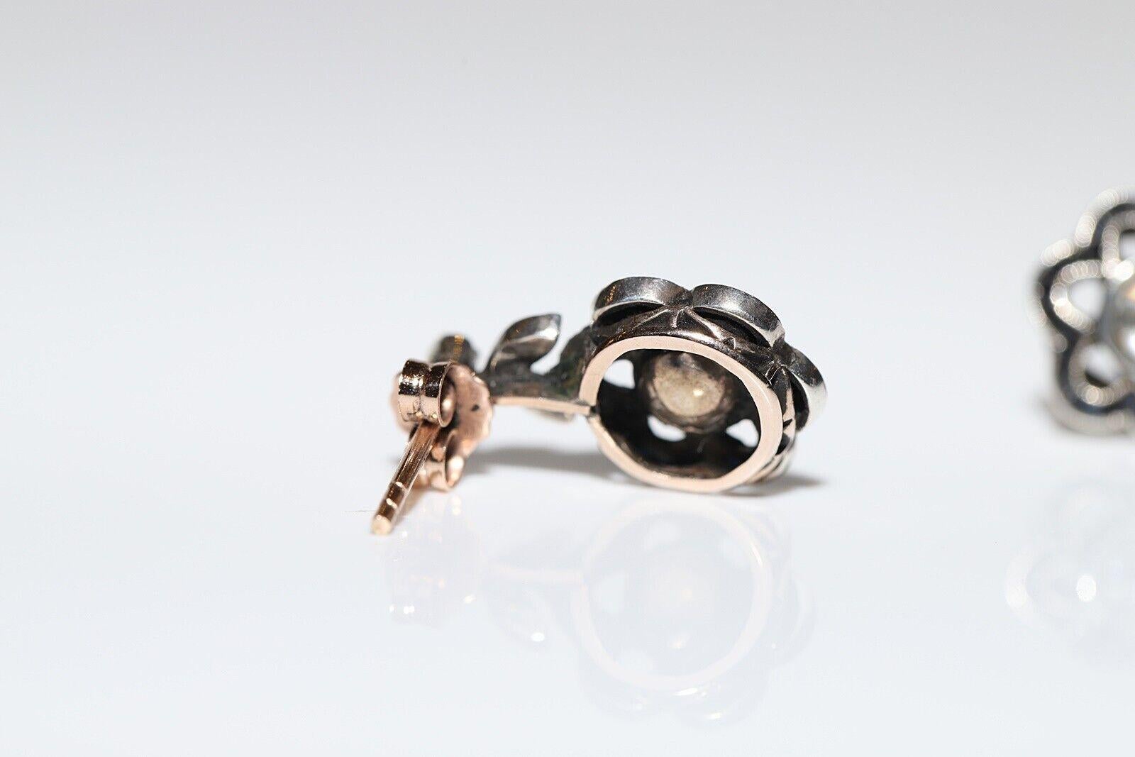 Antique  Boucles d'oreilles en or 8k, argent, diamants naturels taille rose et saphirs en vente 2