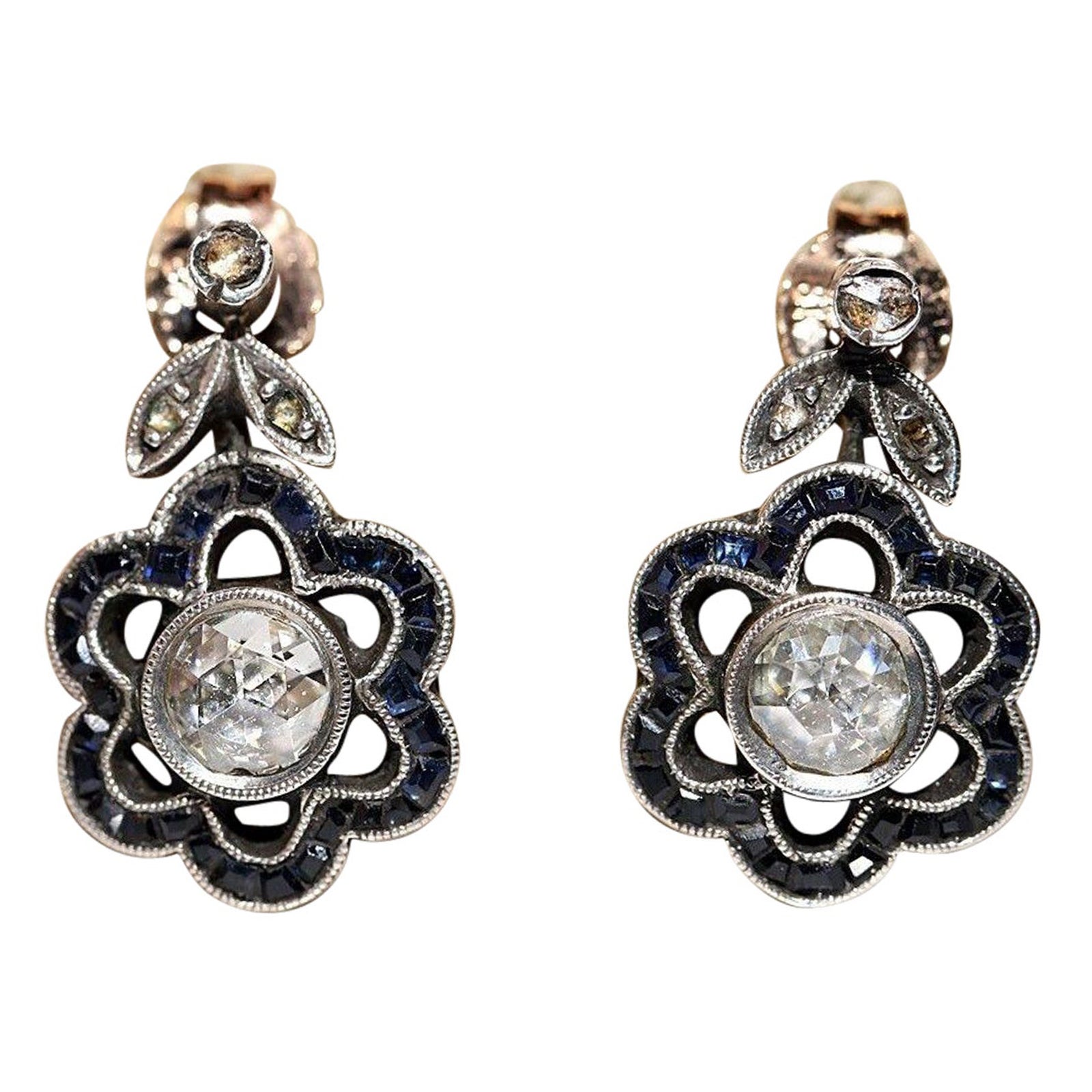 Antique  8k Gold Top Silver Natural Rose Cut Diamond And Sapphire Earring For Sale