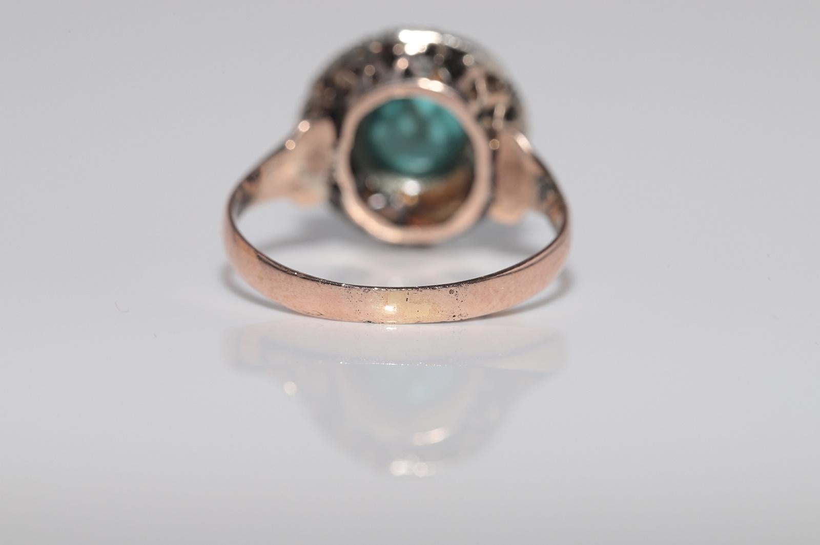 Antike 8k Gold Top Silber natürlichen Rosenschliff Diamant und Türkis dekoriert Ring im Angebot 5