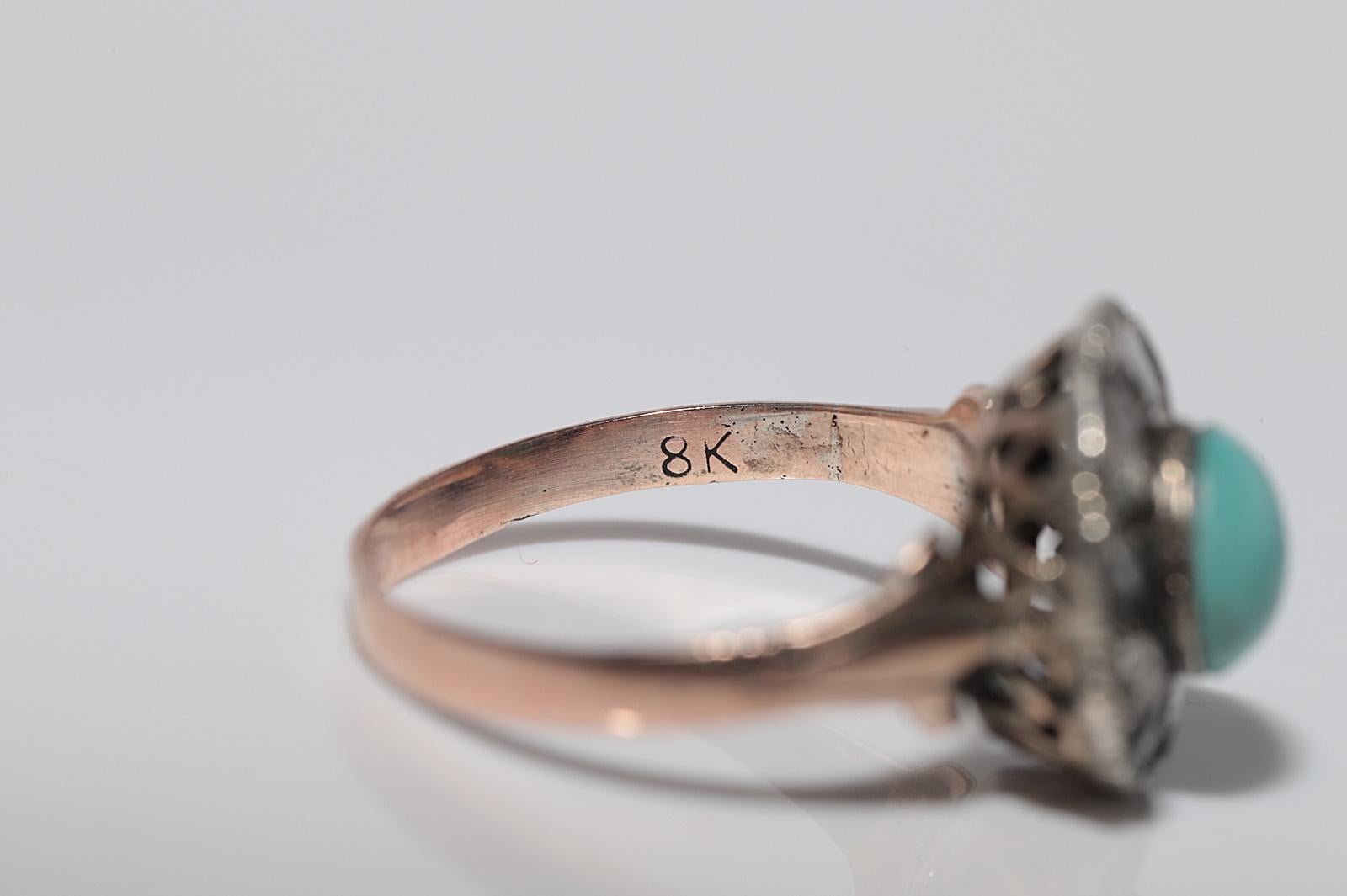 Antike 8k Gold Top Silber natürlichen Rosenschliff Diamant und Türkis dekoriert Ring im Angebot 6
