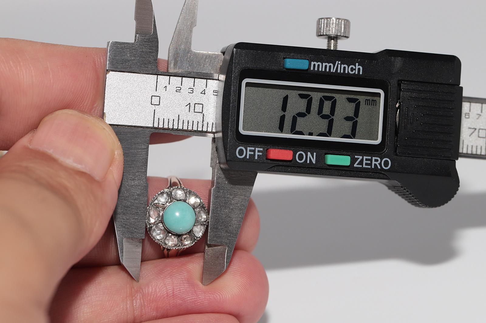 Bague ancienne en argent 8k, diamant naturel taillé en rose et turquoise décorée en vente 6