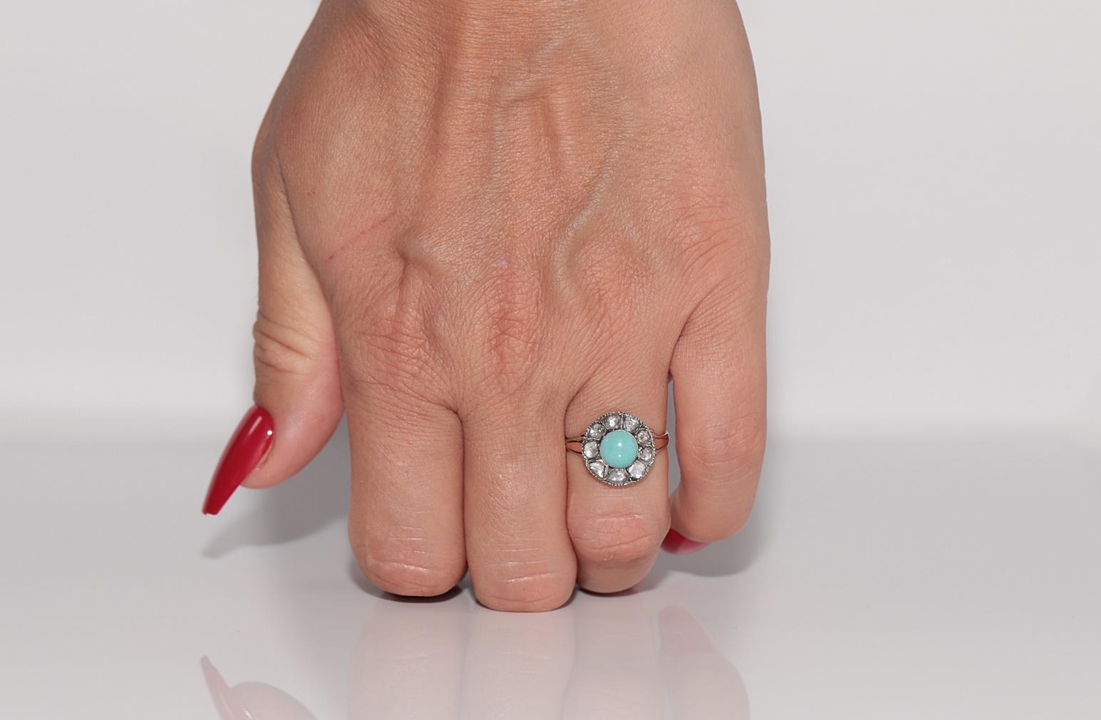 Bague ancienne en argent 8k, diamant naturel taillé en rose et turquoise décorée en vente 8