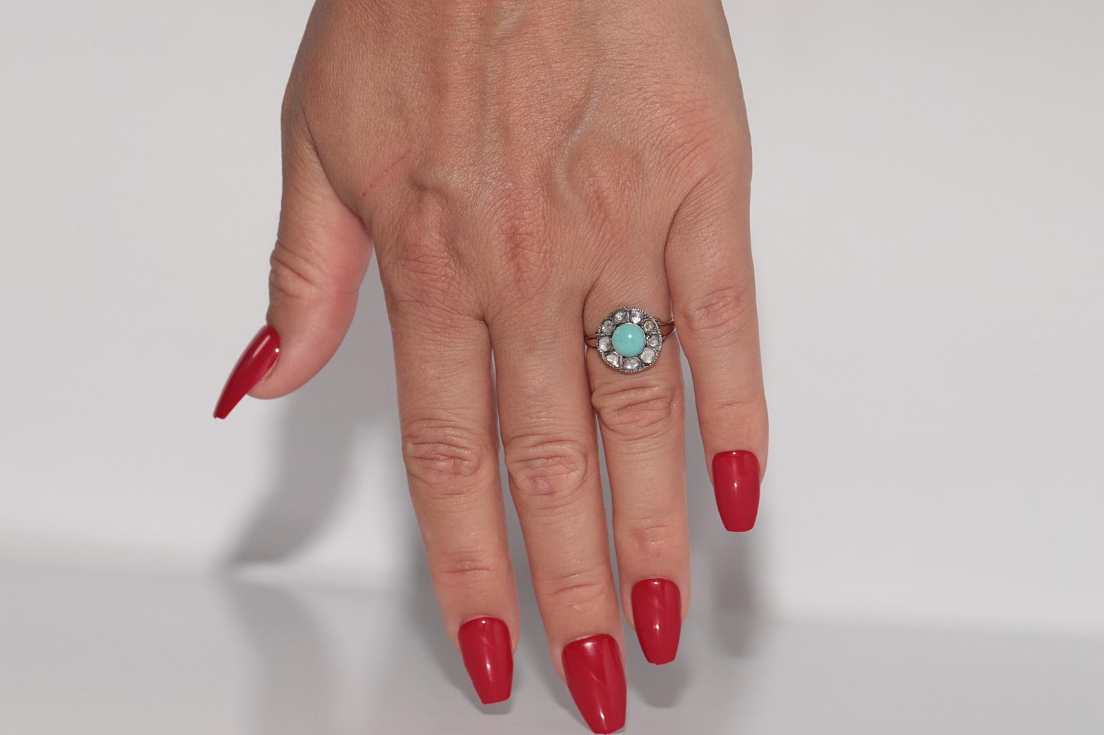 Bague ancienne en argent 8k, diamant naturel taillé en rose et turquoise décorée en vente 9