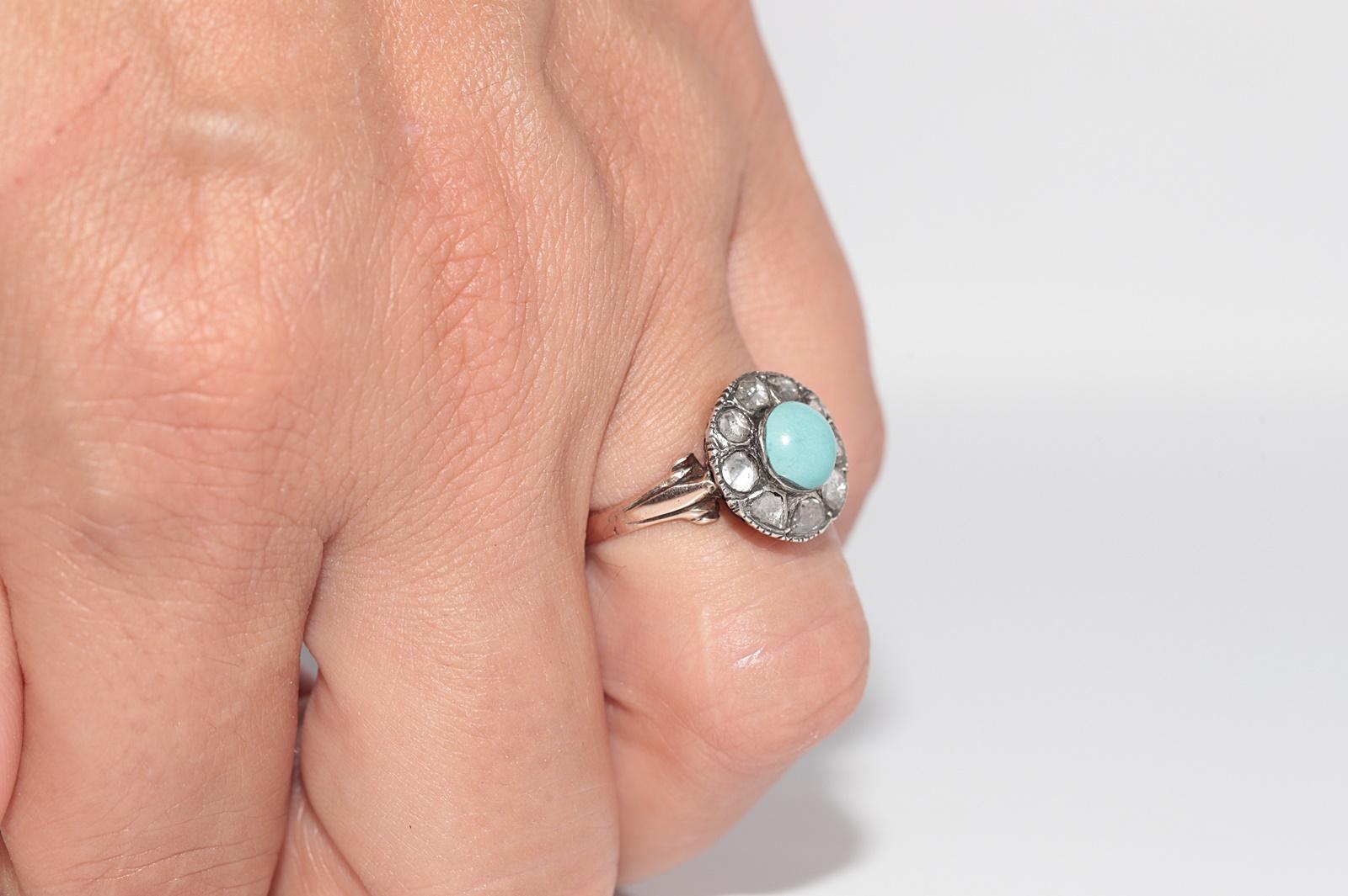 Antike 8k Gold Top Silber natürlichen Rosenschliff Diamant und Türkis dekoriert Ring im Angebot 11
