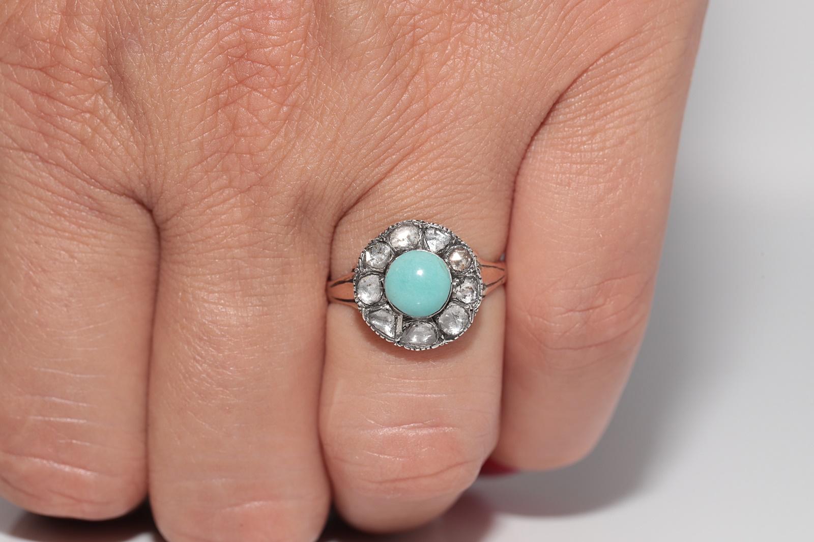 Antike 8k Gold Top Silber natürlichen Rosenschliff Diamant und Türkis dekoriert Ring im Angebot 12