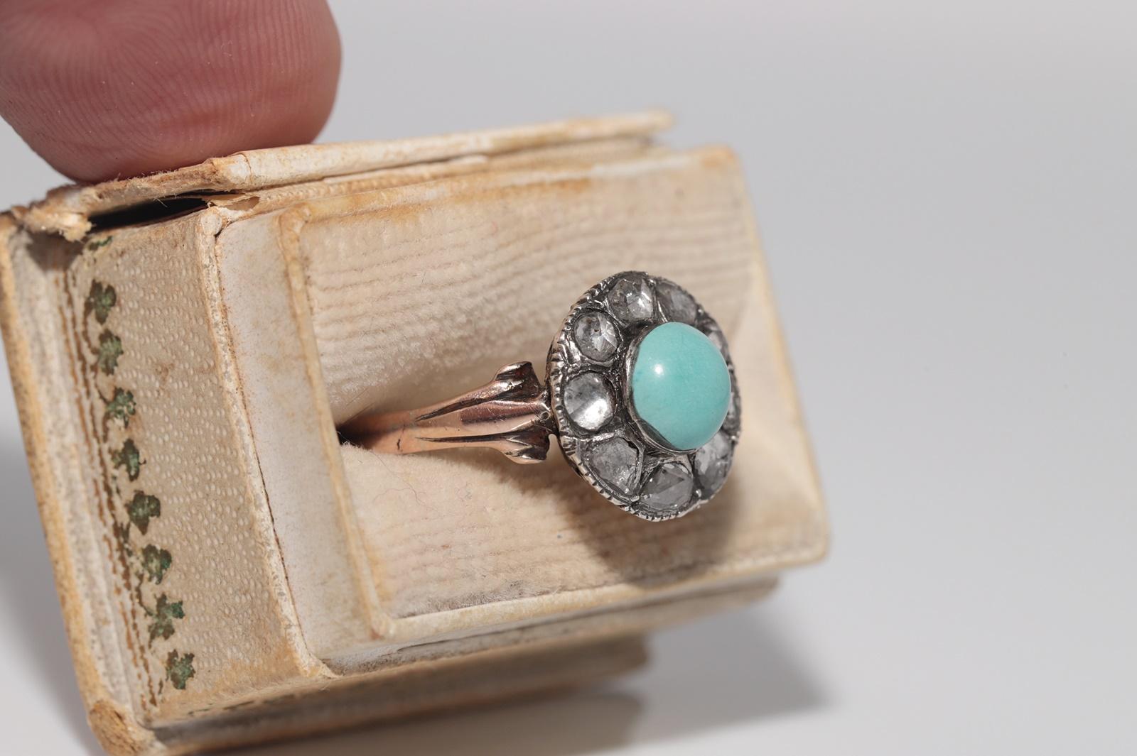 Victorien Bague ancienne en argent 8k, diamant naturel taillé en rose et turquoise décorée en vente