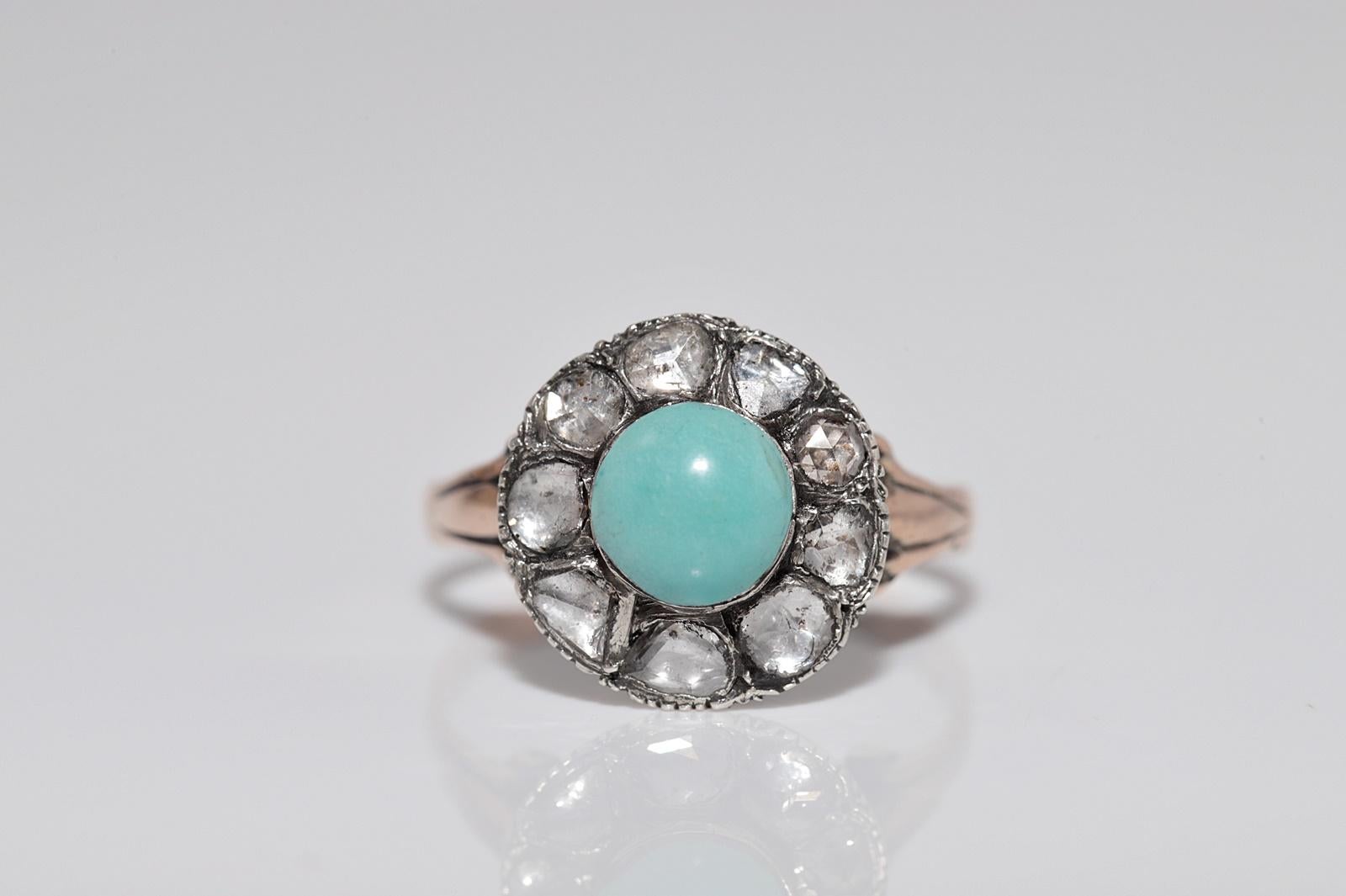 Taille rose Bague ancienne en argent 8k, diamant naturel taillé en rose et turquoise décorée en vente