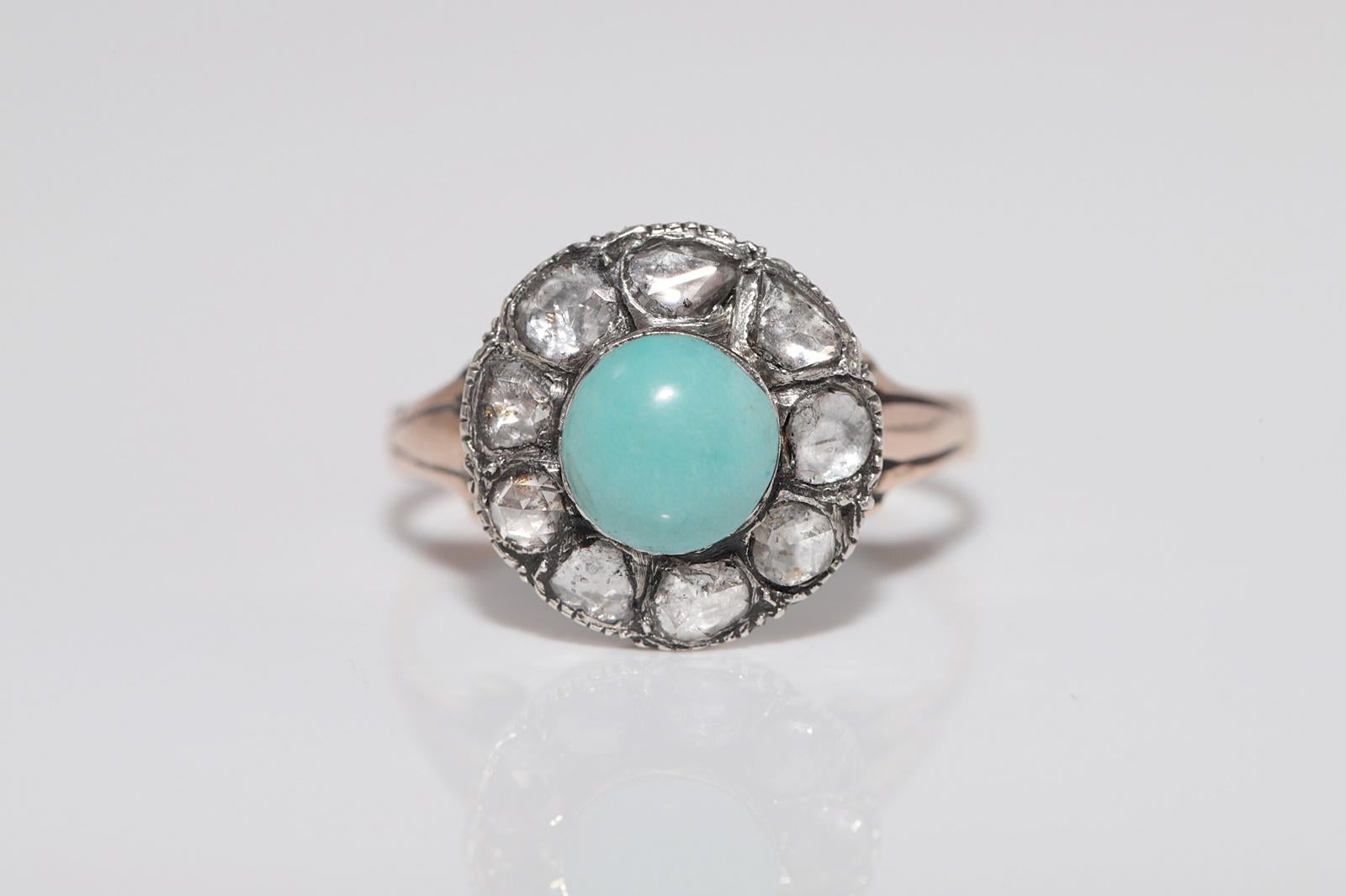 Antike 8k Gold Top Silber natürlichen Rosenschliff Diamant und Türkis dekoriert Ring Damen im Angebot
