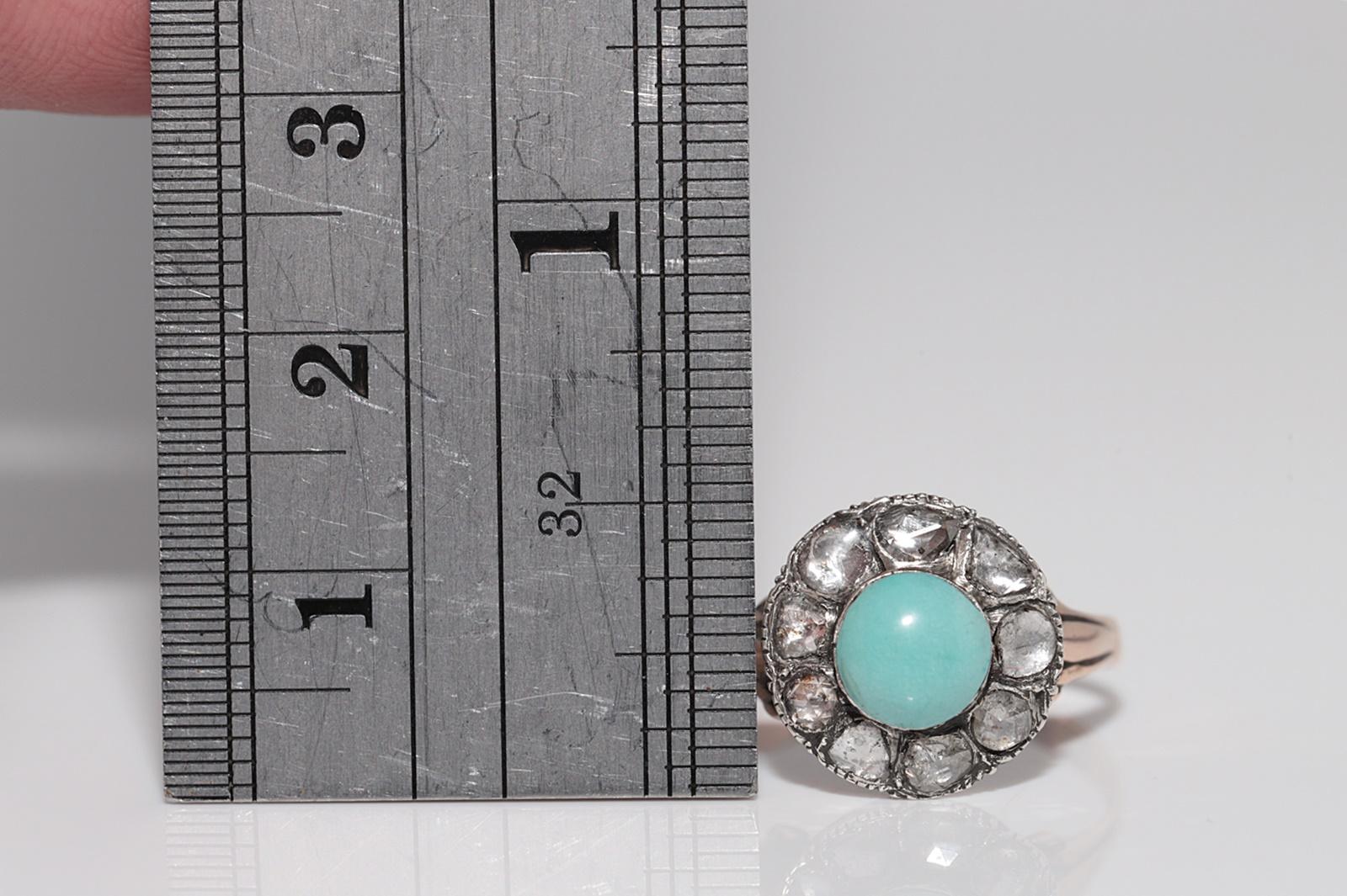 Antike 8k Gold Top Silber natürlichen Rosenschliff Diamant und Türkis dekoriert Ring im Angebot 1