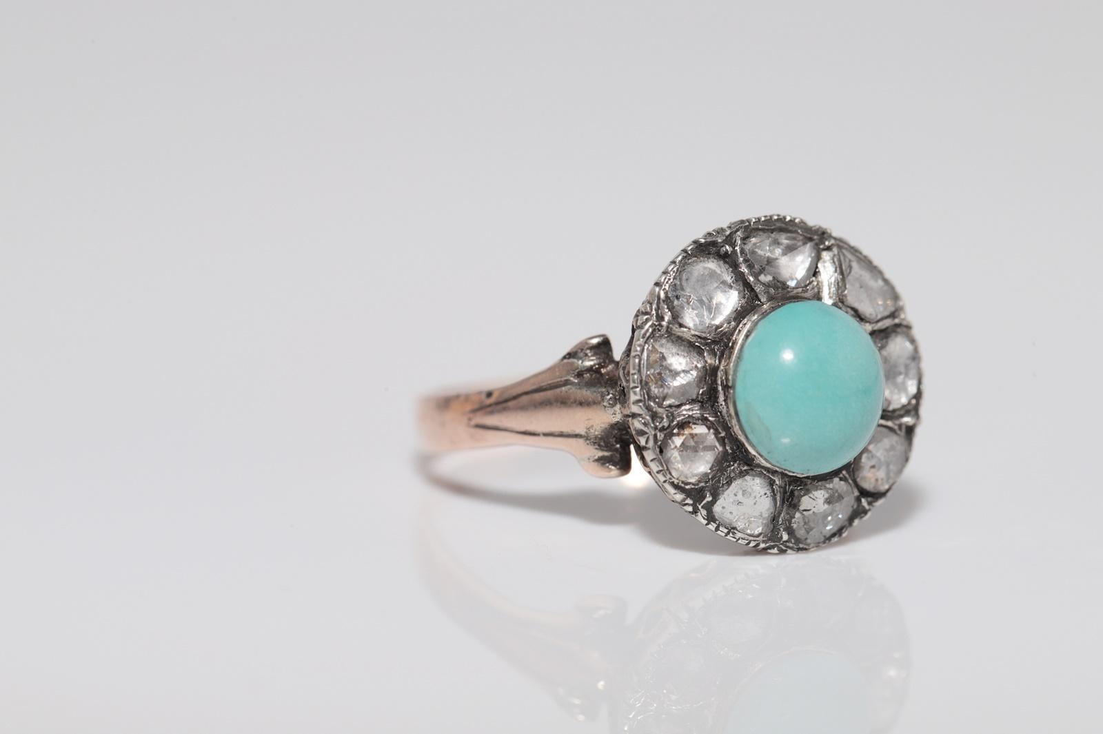 Antike 8k Gold Top Silber natürlichen Rosenschliff Diamant und Türkis dekoriert Ring im Angebot 2