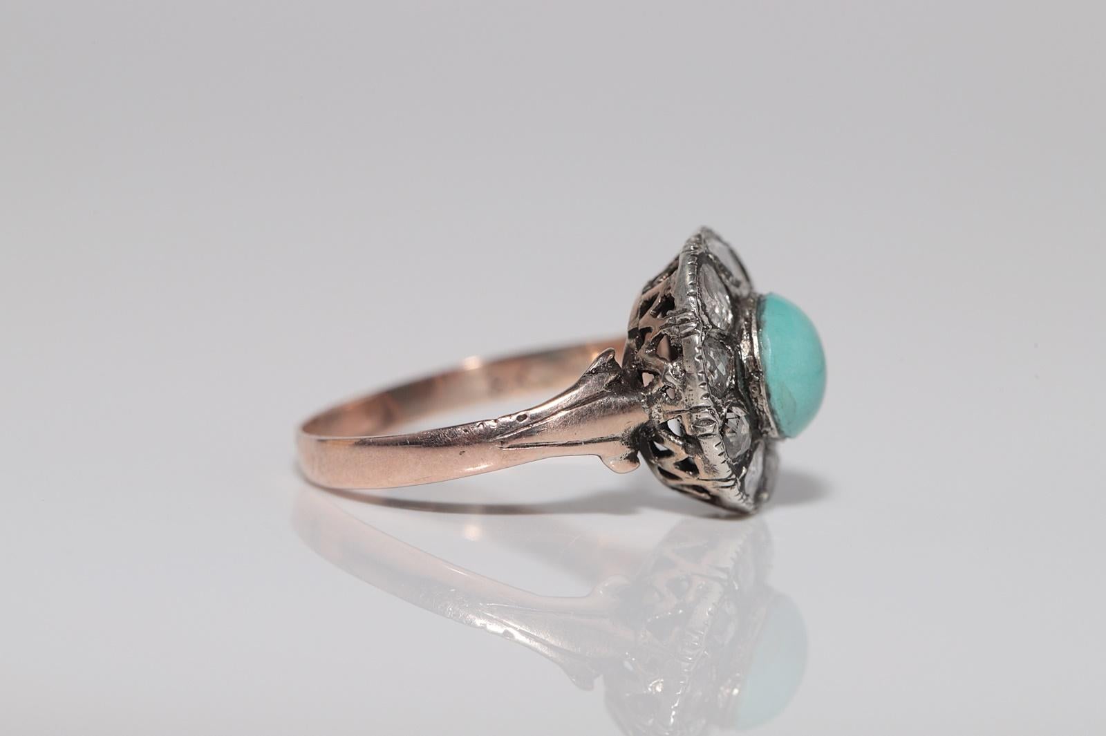 Bague ancienne en argent 8k, diamant naturel taillé en rose et turquoise décorée en vente 2