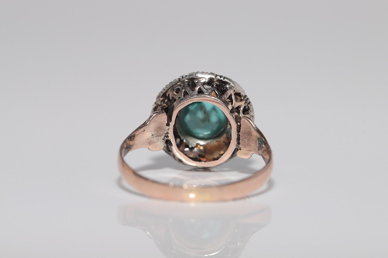 Antike 8k Gold Top Silber natürlichen Rosenschliff Diamant und Türkis dekoriert Ring im Angebot 4