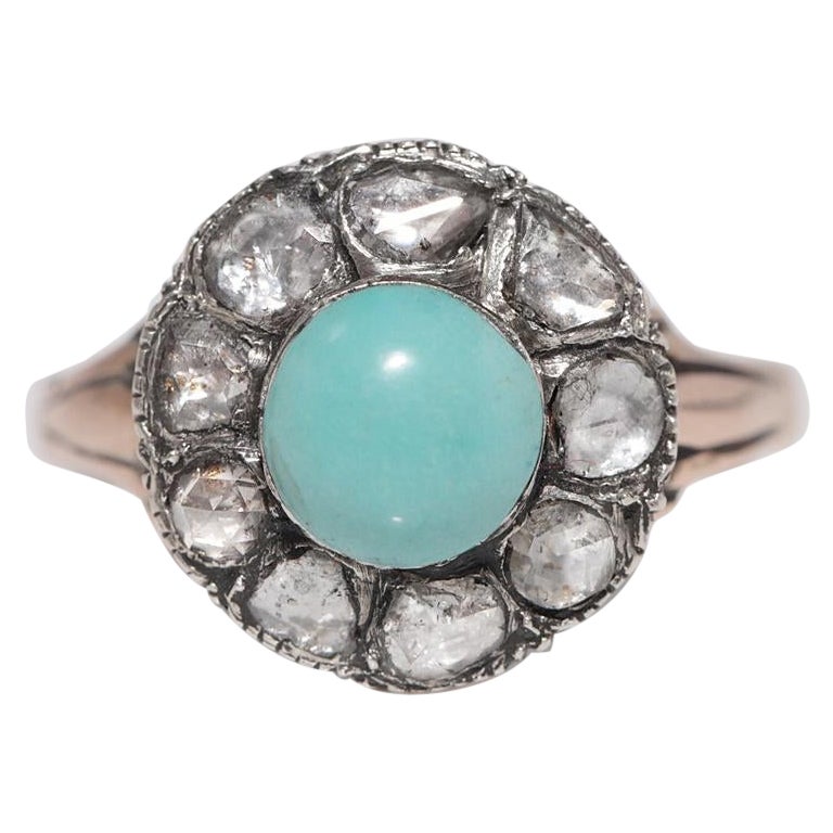 Bague ancienne en argent 8k, diamant naturel taillé en rose et turquoise décorée