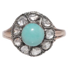 Bague ancienne en argent 8k, diamant naturel taillé en rose et turquoise décorée