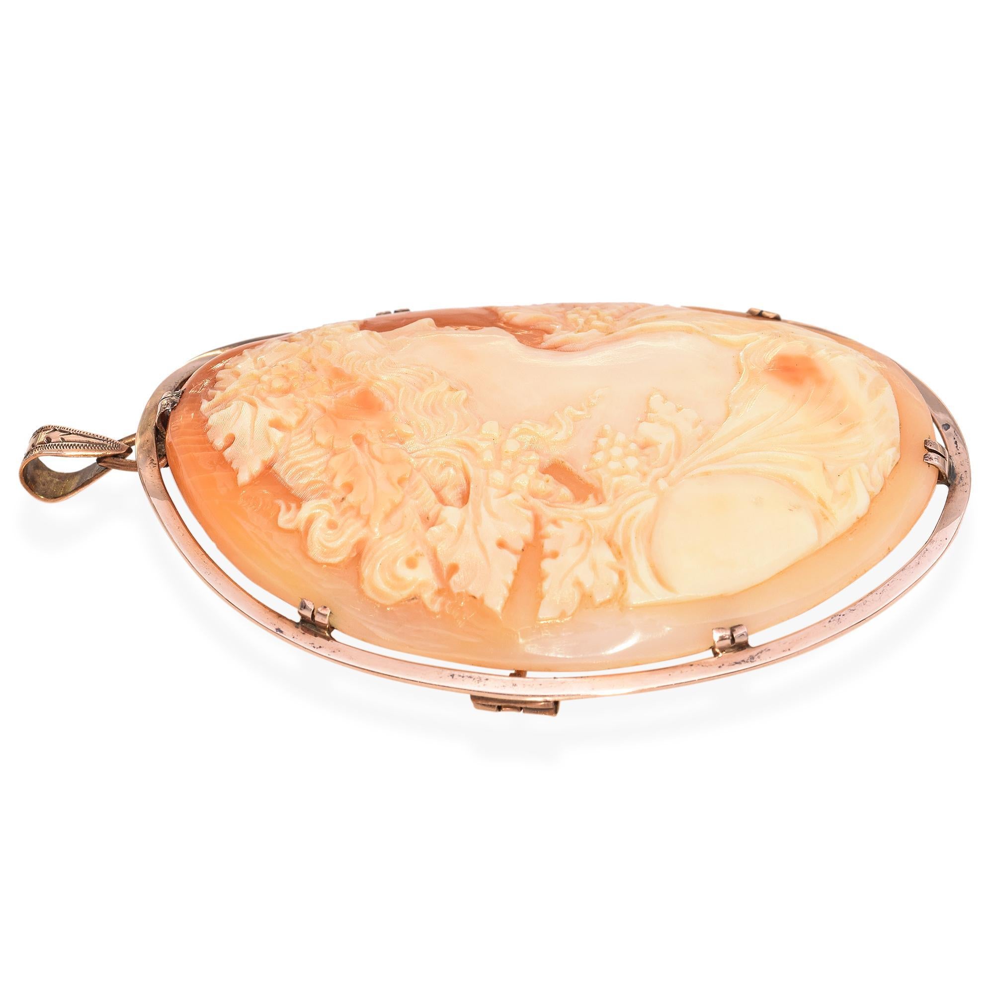Antique 8K Rose Gold Noble Lady Bacchante Carved Cameo Brooch Pendant In Good Condition For Sale In New York, NY