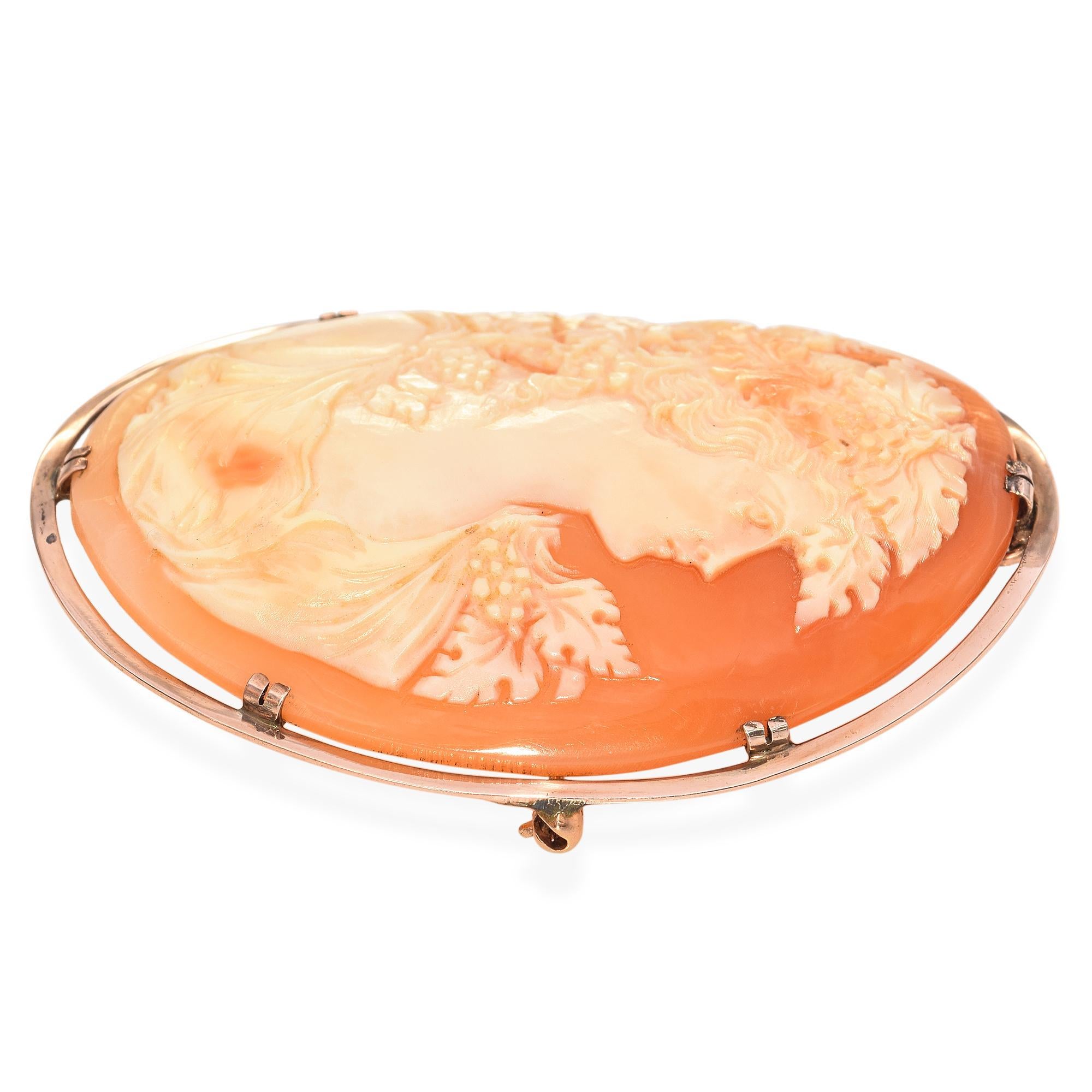 Women's Antique 8K Rose Gold Noble Lady Bacchante Carved Cameo Brooch Pendant For Sale
