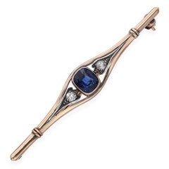 Antique 8k Yellow Gold 0.8ct Royal Blue Sapphire and Diamond Bar Brooch