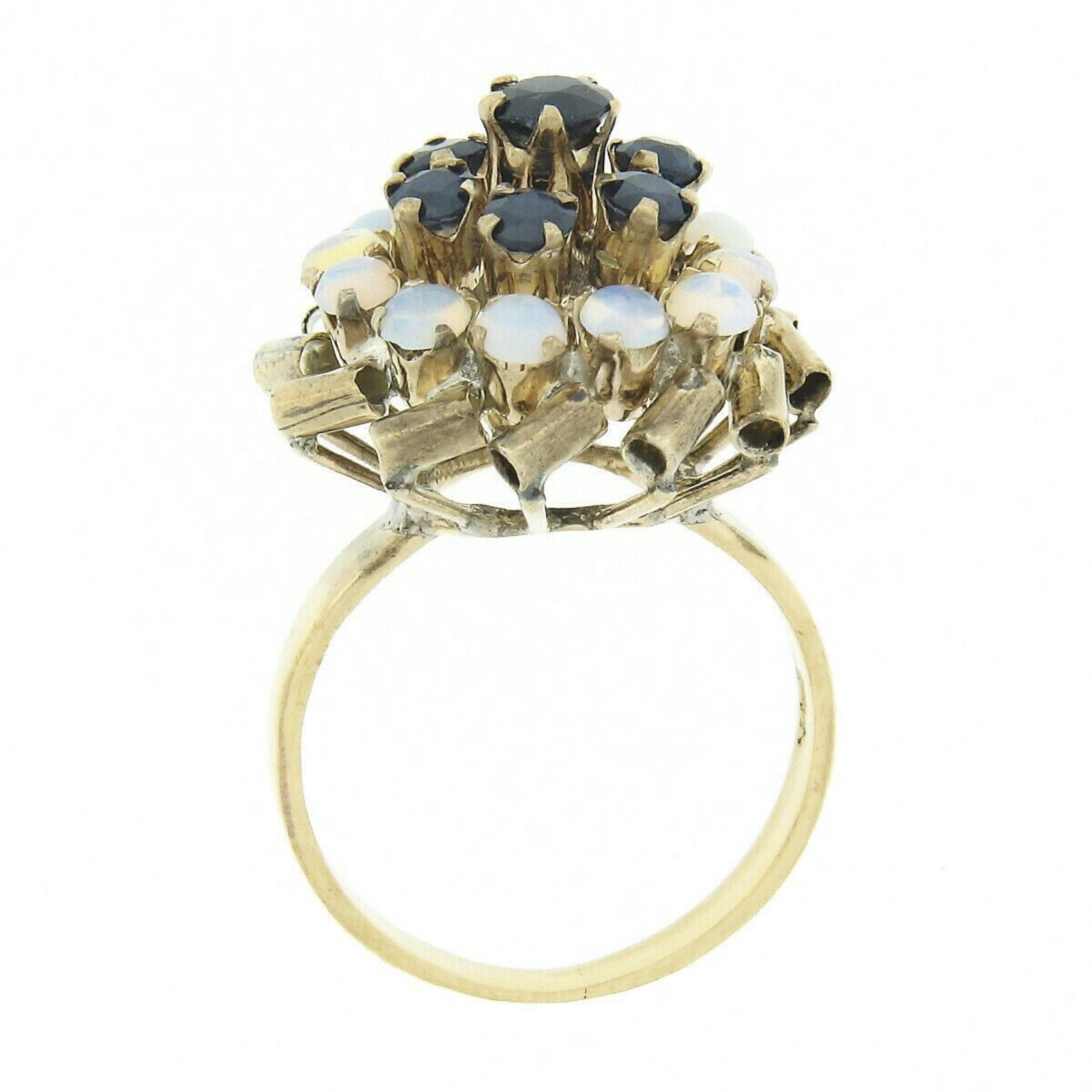 Victorian Antique 8K Yellow Gold Sapphire Round Cabochon Opal Cluster Swirl Cocktail Ring For Sale