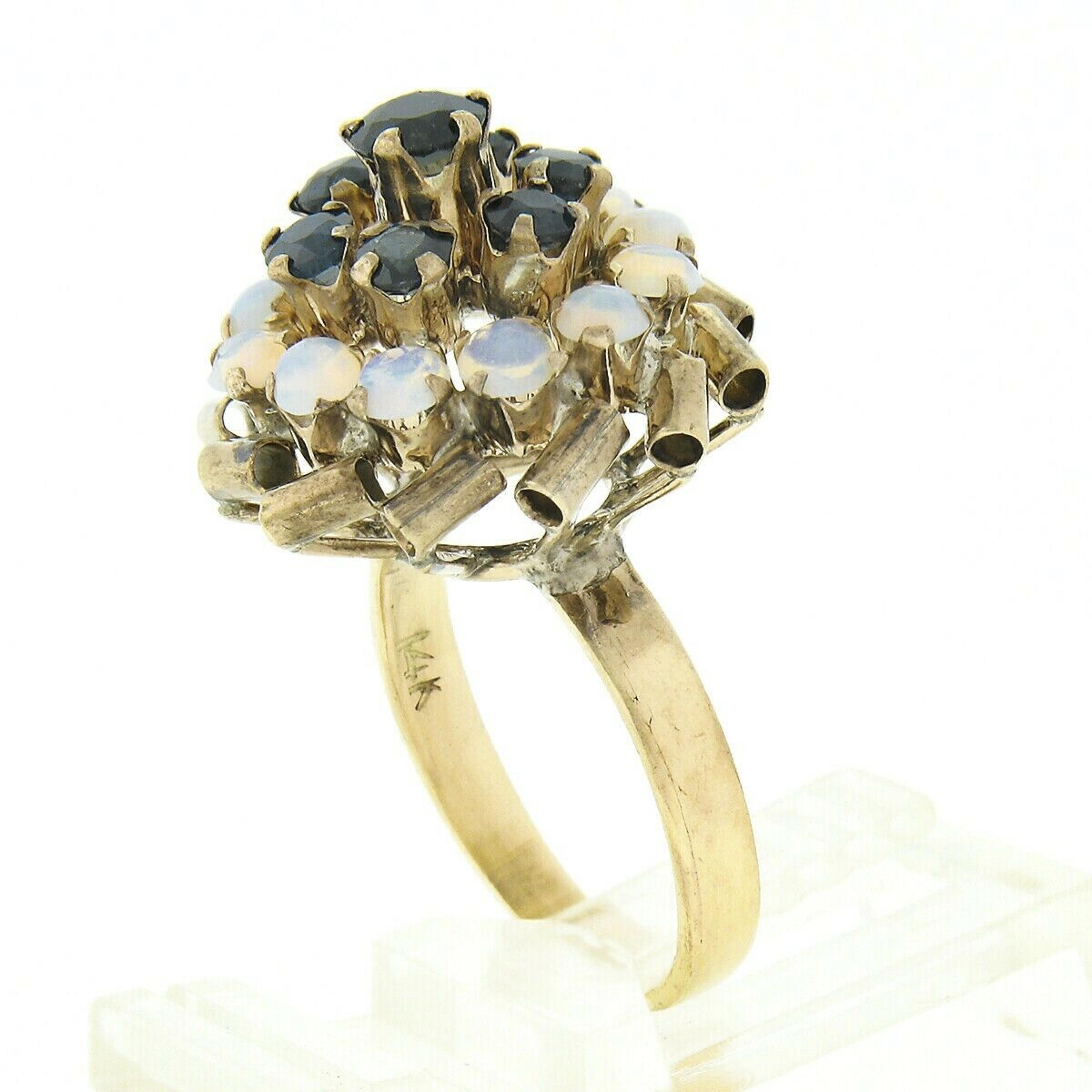 Round Cut Antique 8K Yellow Gold Sapphire Round Cabochon Opal Cluster Swirl Cocktail Ring For Sale