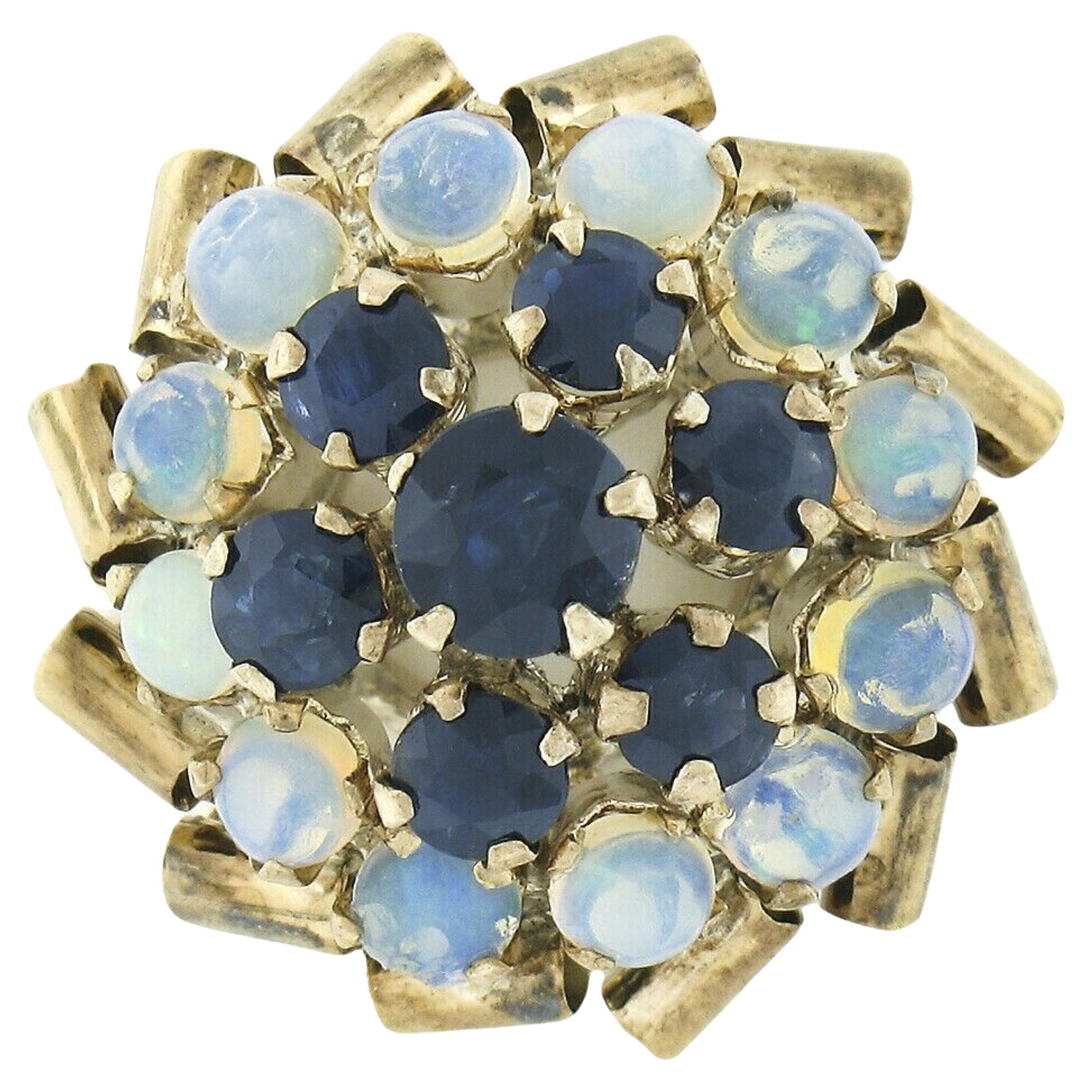 Antique 8K Yellow Gold Sapphire Round Cabochon Opal Cluster Swirl Cocktail Ring For Sale