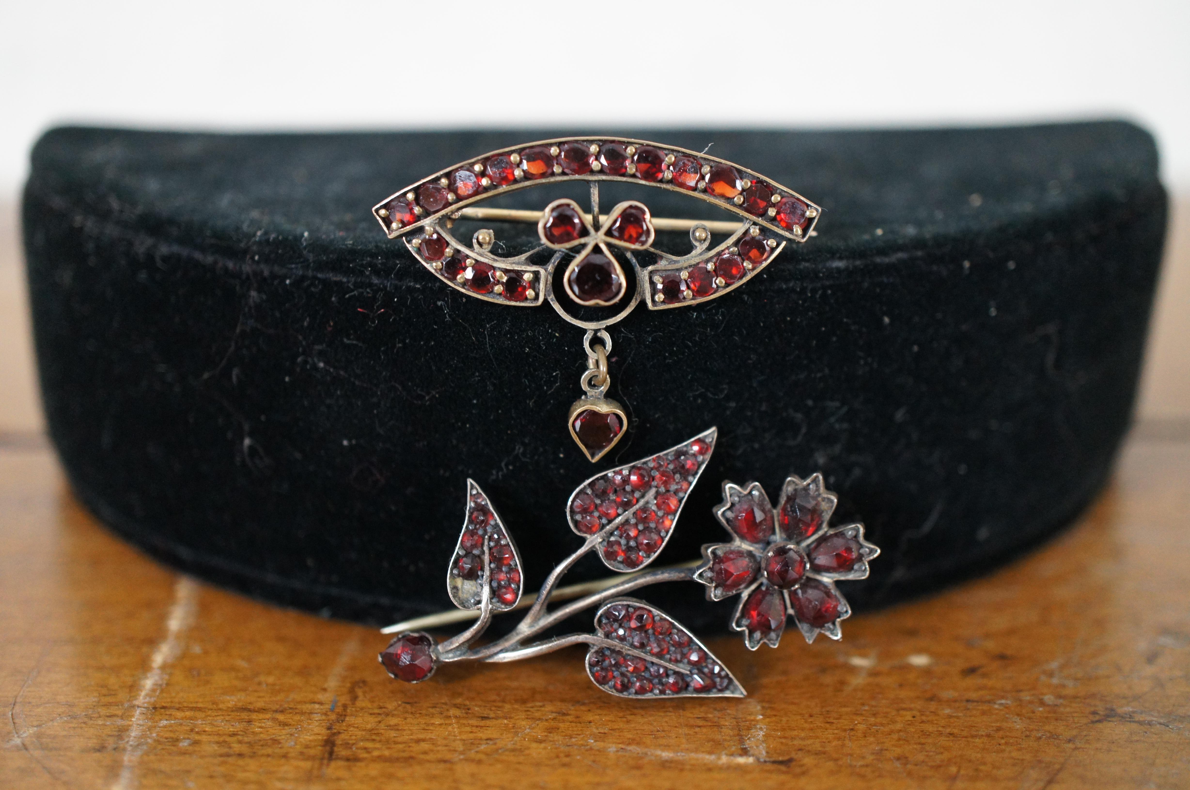Antique 8pc Red Garnet Gemstone Brooch Pins Bracelet Bohemian Jewelry Lot For Sale 3
