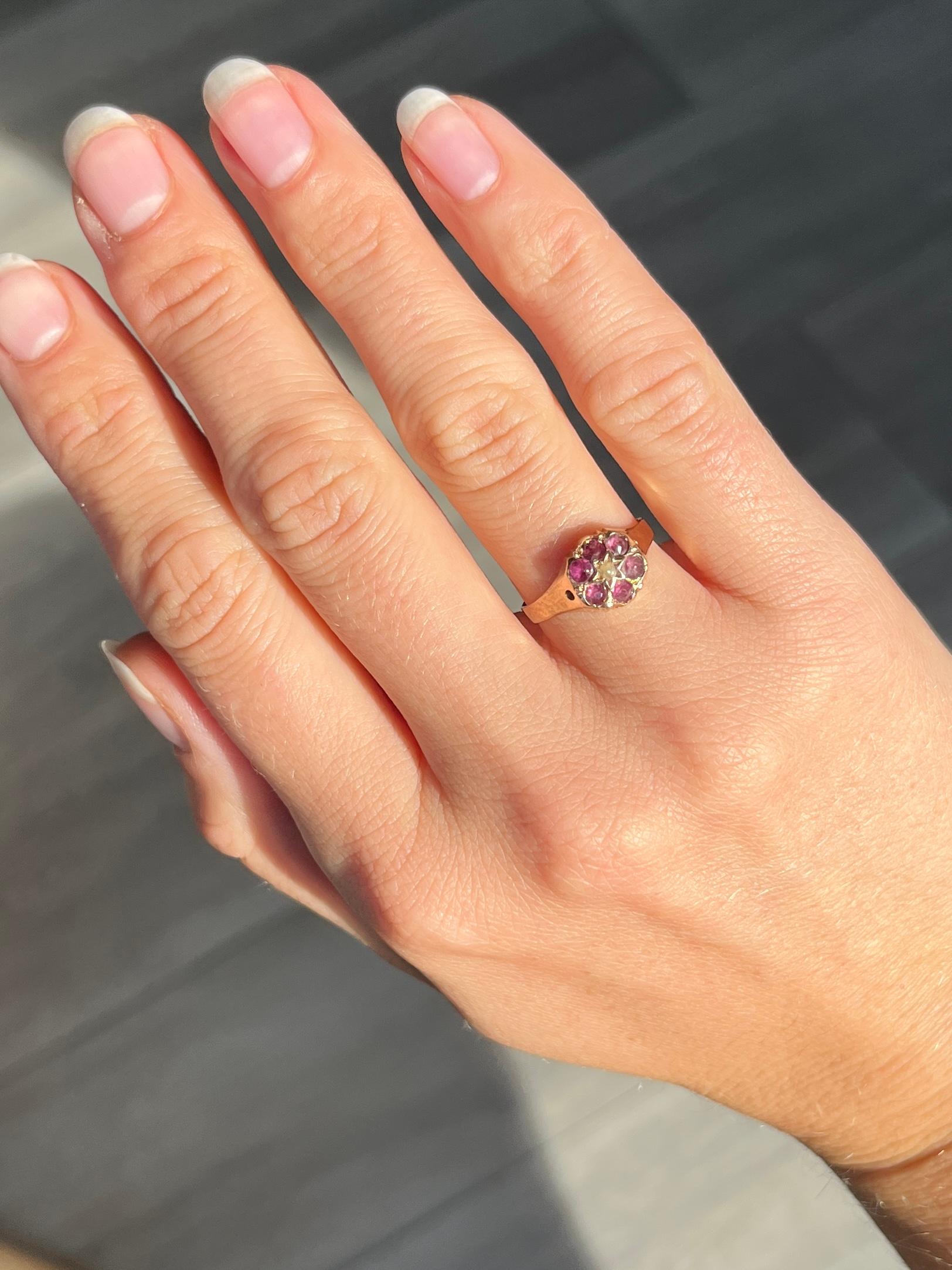 Early Victorian Antique 9 Carat Gold Amethyst and Pearl Cluster Ring For Sale