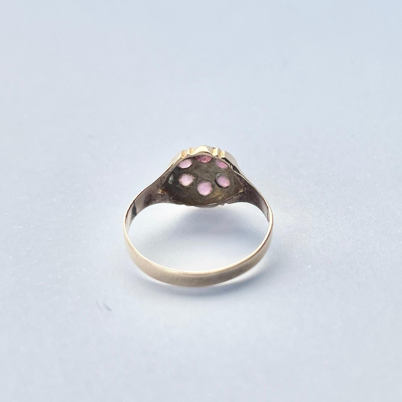 Round Cut Antique 9 Carat Gold Amethyst and Pearl Cluster Ring For Sale