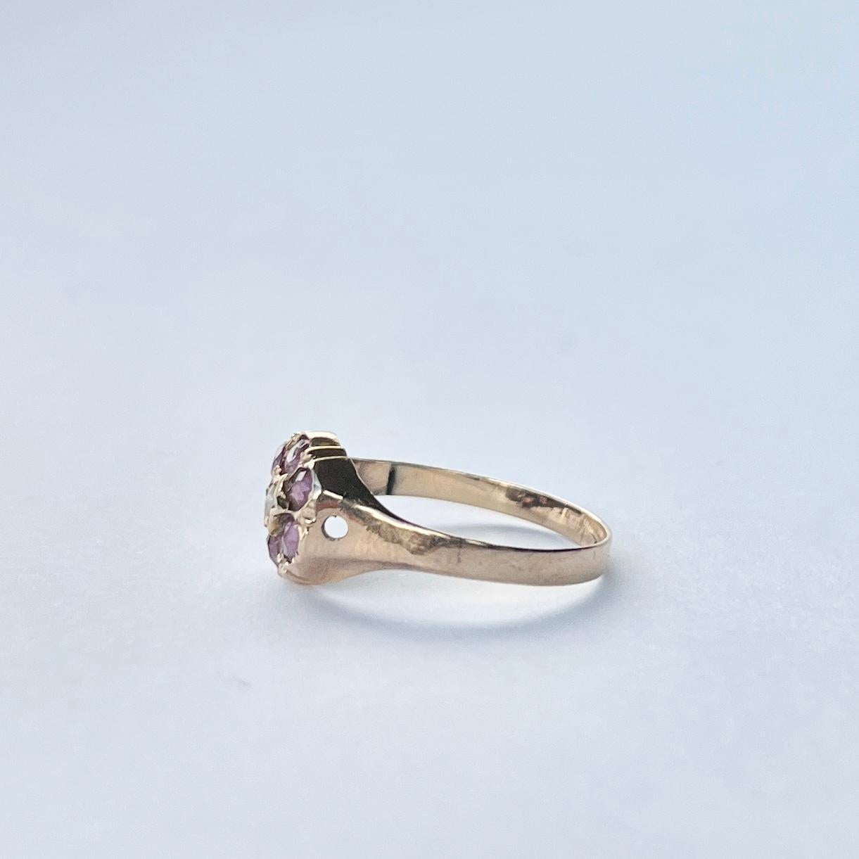 Antique 9 Carat Gold Amethyst and Pearl Cluster Ring In Fair Condition For Sale In Chipping Campden, GB