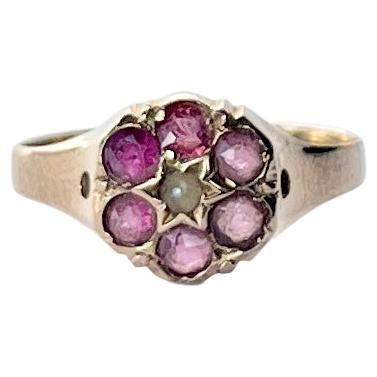 Antiker 9 Karat Gold Amethyst und Perlen Cluster Ring