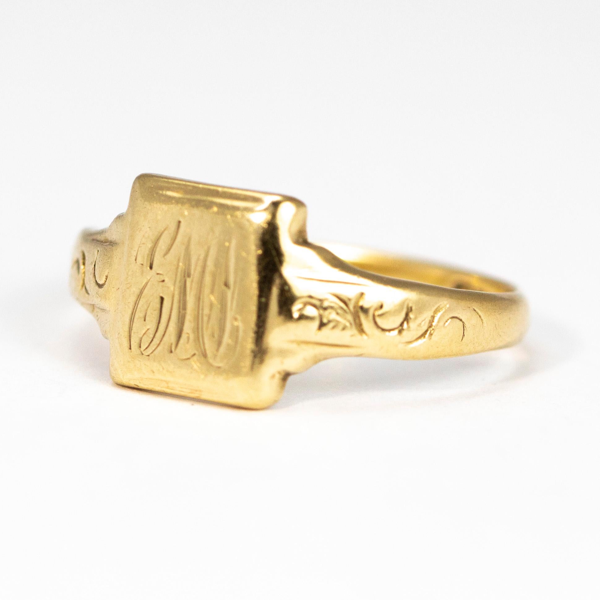 This signet ring has initials which we believe read E.M.J. The ring is modelled in 9ct gold and has lovely detailed shoulders. 

Ring Size: N or 6 3/4
Fave Dimensions: 9 x 8mm

Weight: 2.46g
